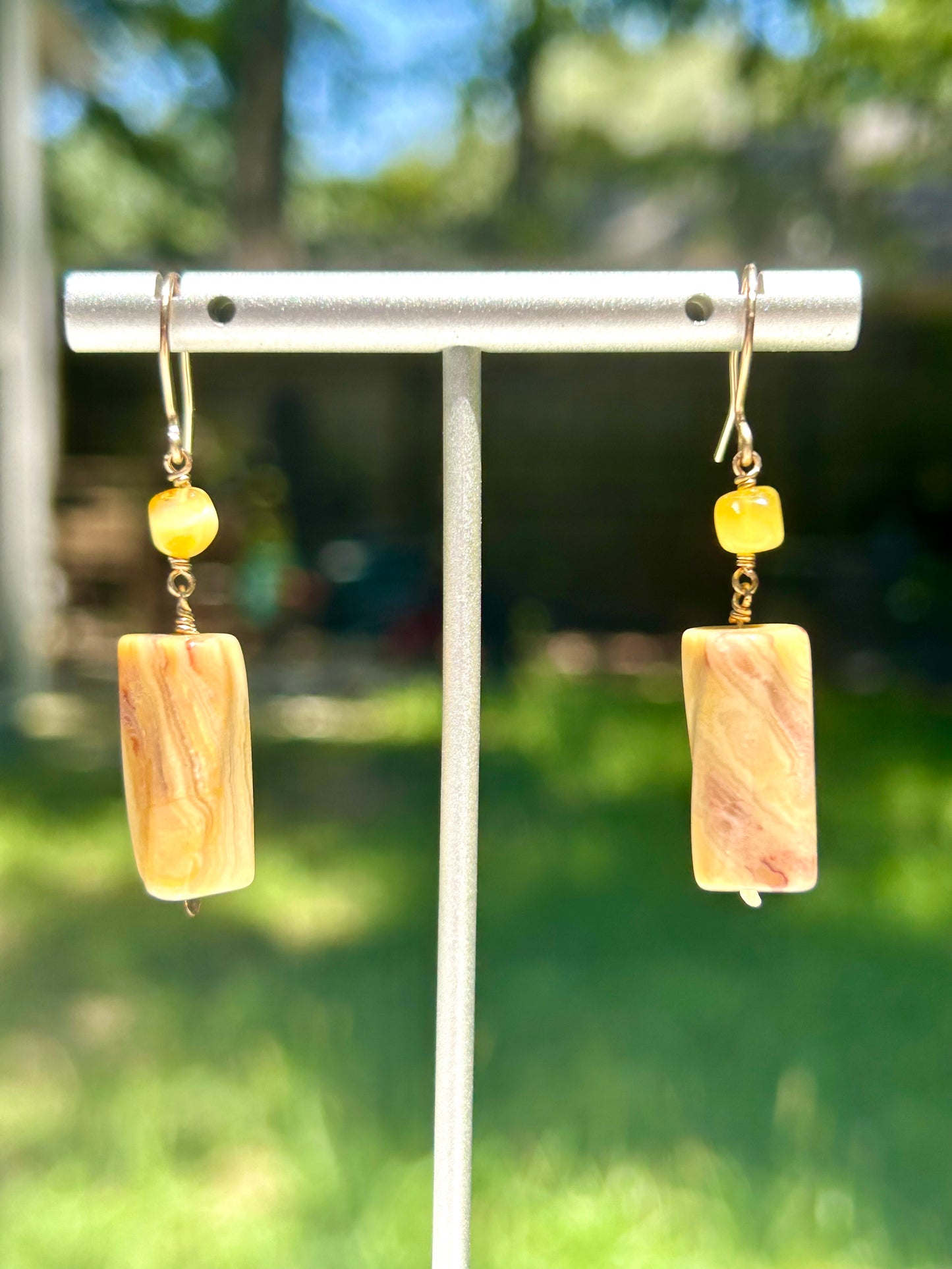 Yellow Lace Agate & Amber Gemstone 14k Gold Filled Dangly Earrings