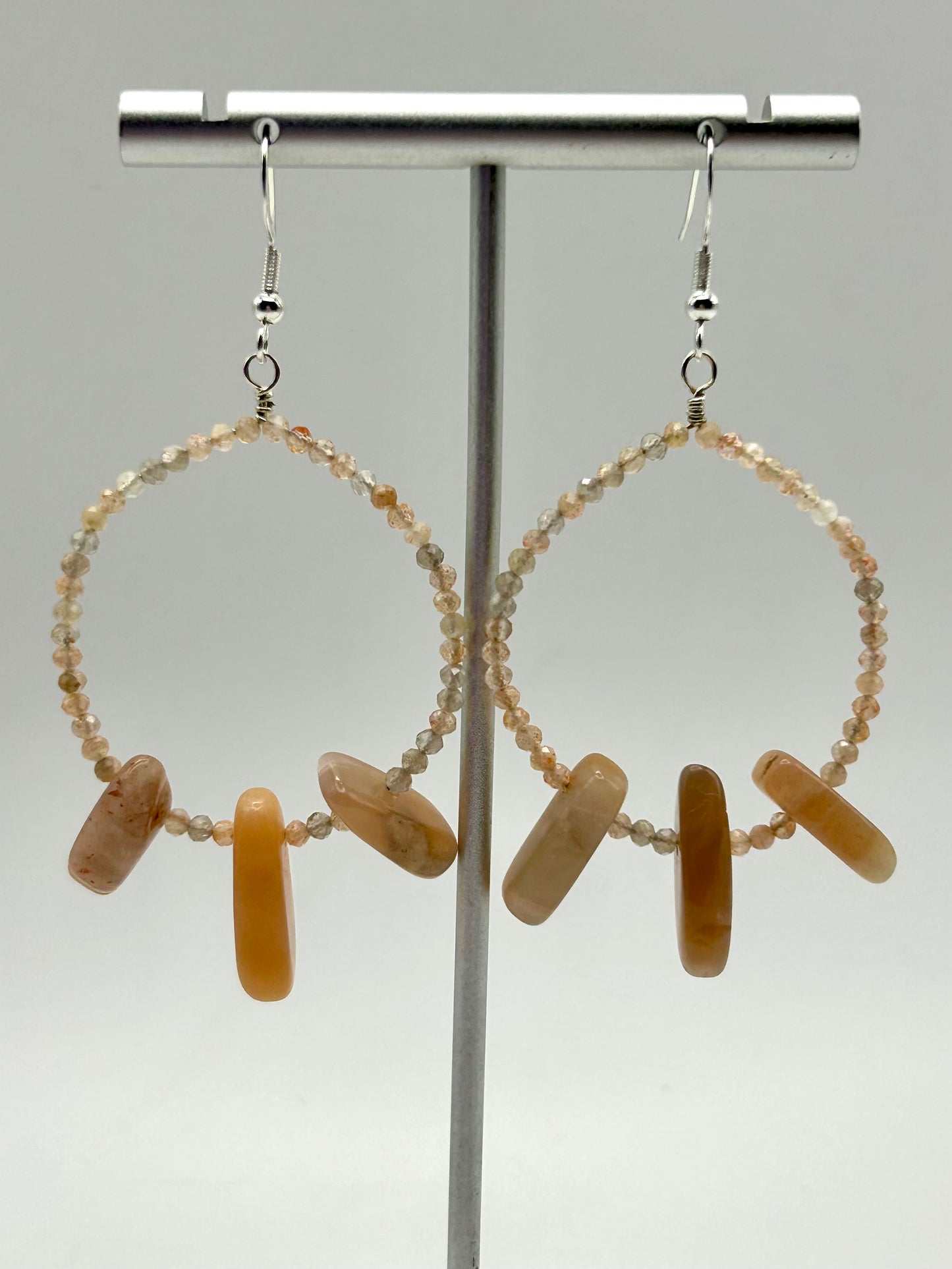 Sunstone & Peach Moonstone Gemstone Sterling Silver Dangly Hoop Earrings