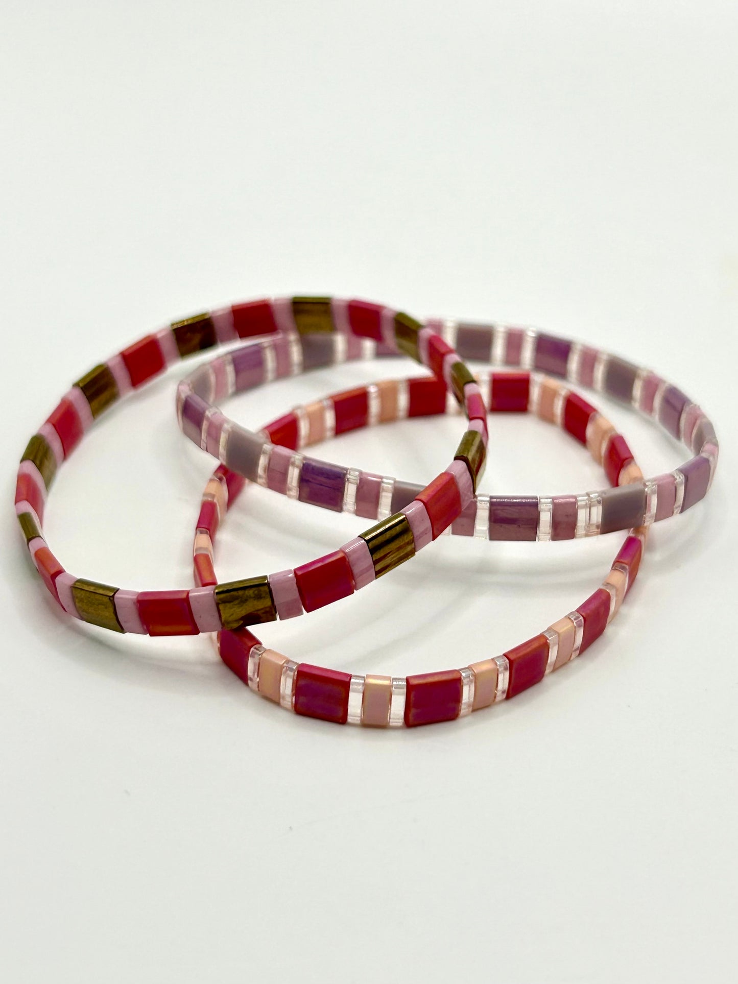 Raspberry Bloom Tila Glass Bead Elastic Bracelet Collection