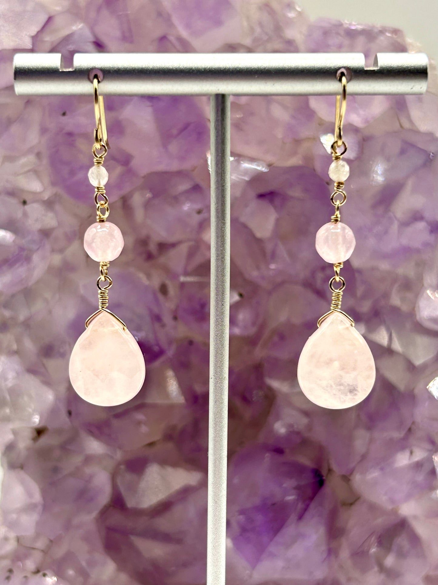 Rose Quartz & Morganite Gemstone 14k Gold Filled Dangly Earrings