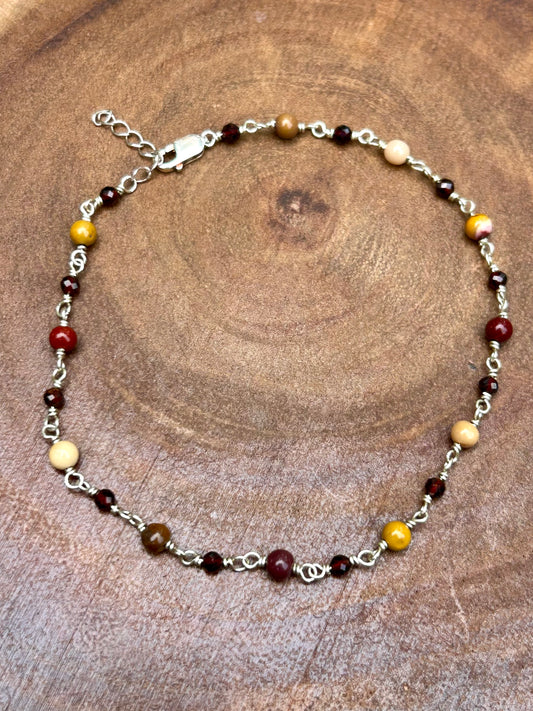 Mookaite Jasper & Garnet Chain Link Gemstone 925 Sterling Silver Anklet