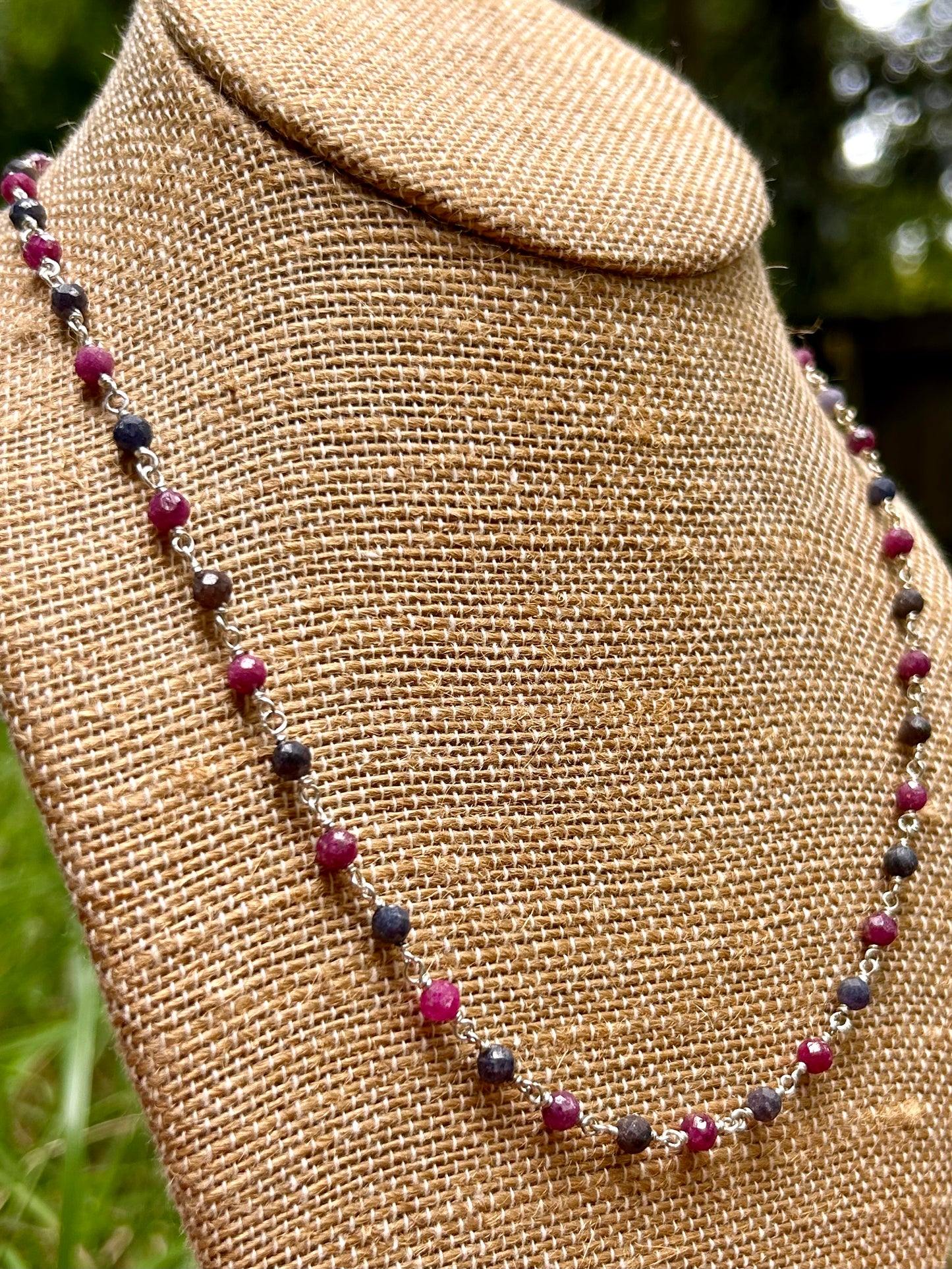 Ruby & Sapphire Gemstone Sterling Silver Chain Link Wire Wrapped Necklace