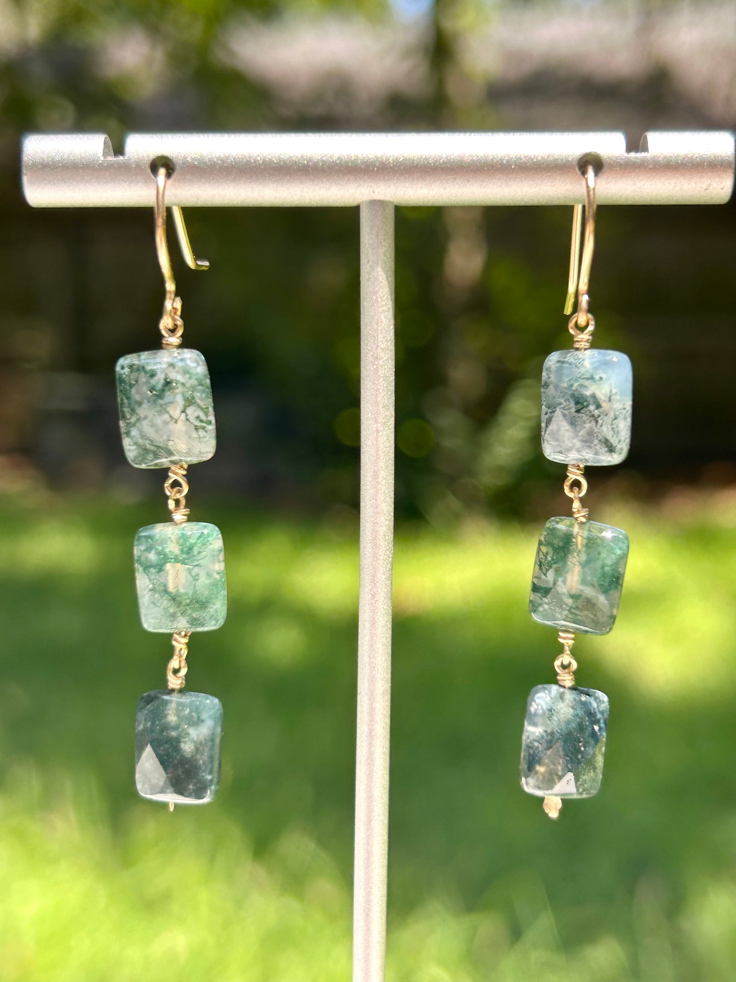 Moss Agate Gemstone 14k Gold Filled Dangly Earrings
