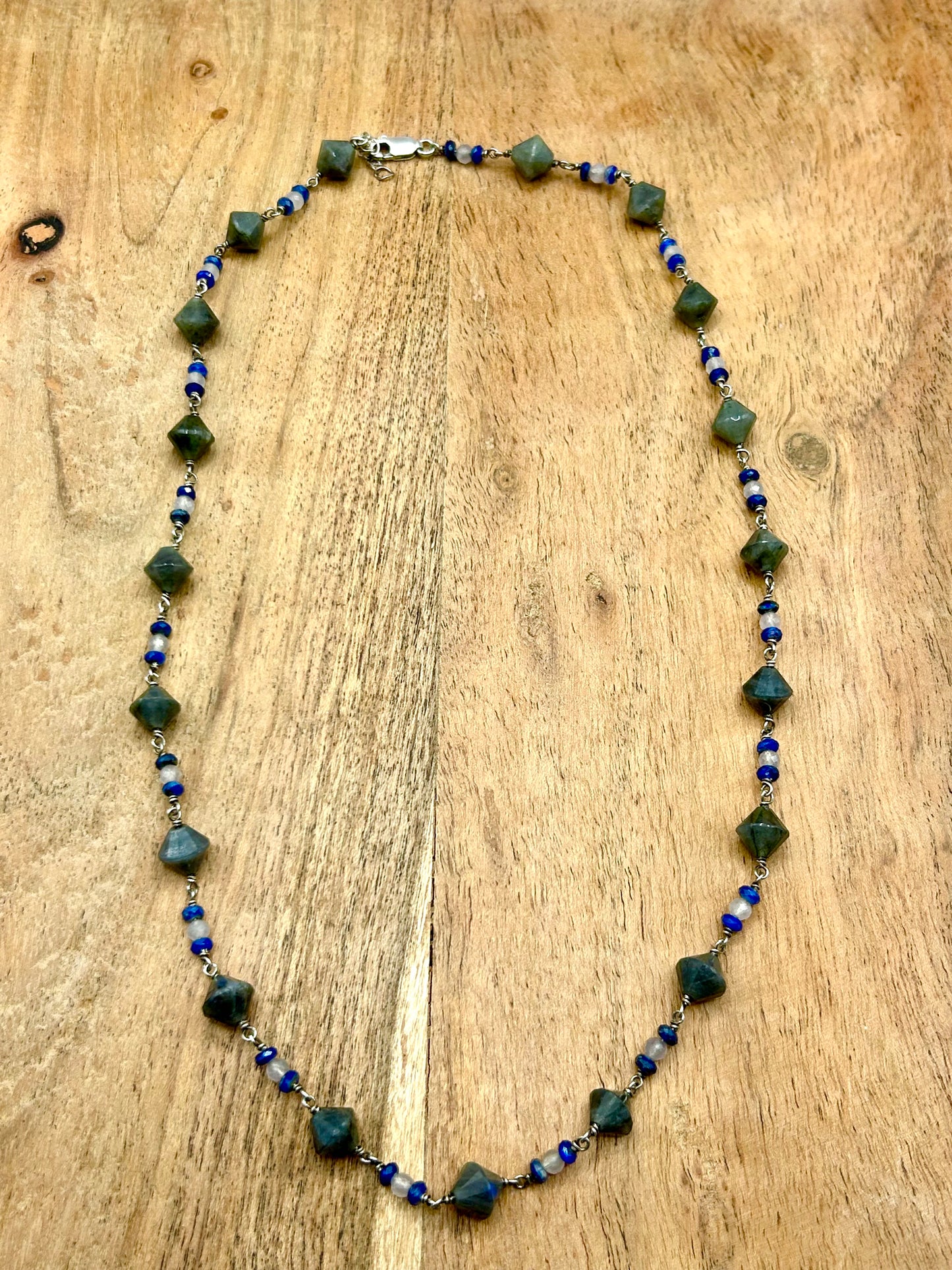 Labradorite, Moonstone & Kyanite Gemstone Sterling Silver Chain Link Wire Wrapped Necklace