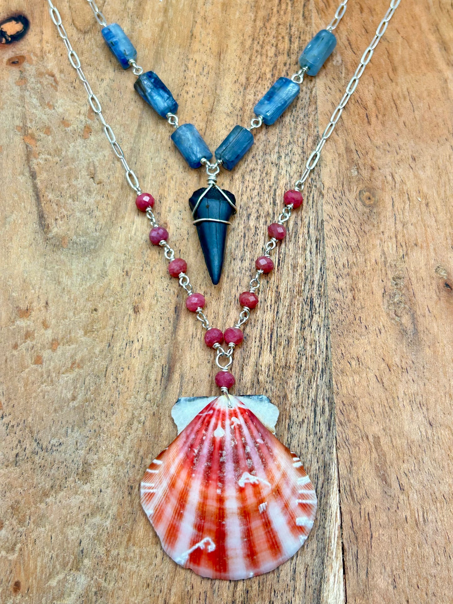 Scallop Shell with Rhodonite Gemstone Sterling Silver Paperclip Chain Necklace