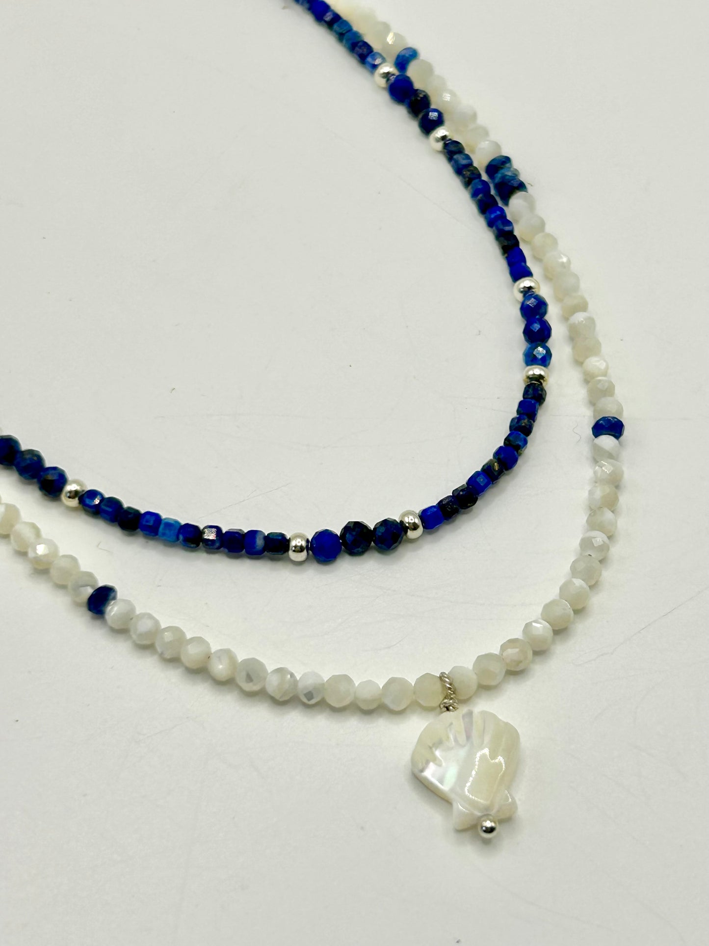 Mother-of-Pearl & Kyanite Gemstone Beaded Necklace Sterling Silver
