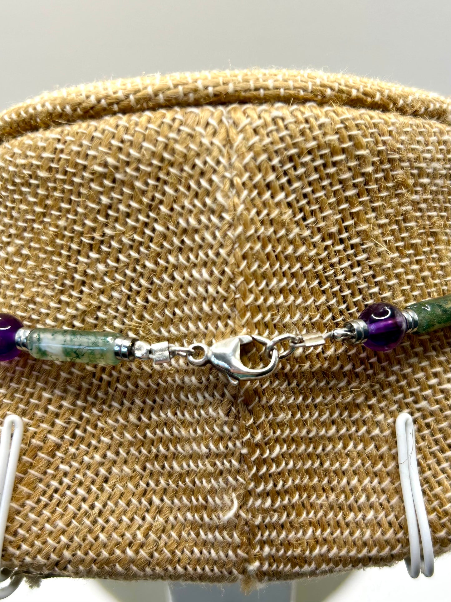 Moss Agate & Amethyst Gemstone Beaded Necklace Sterling Silver