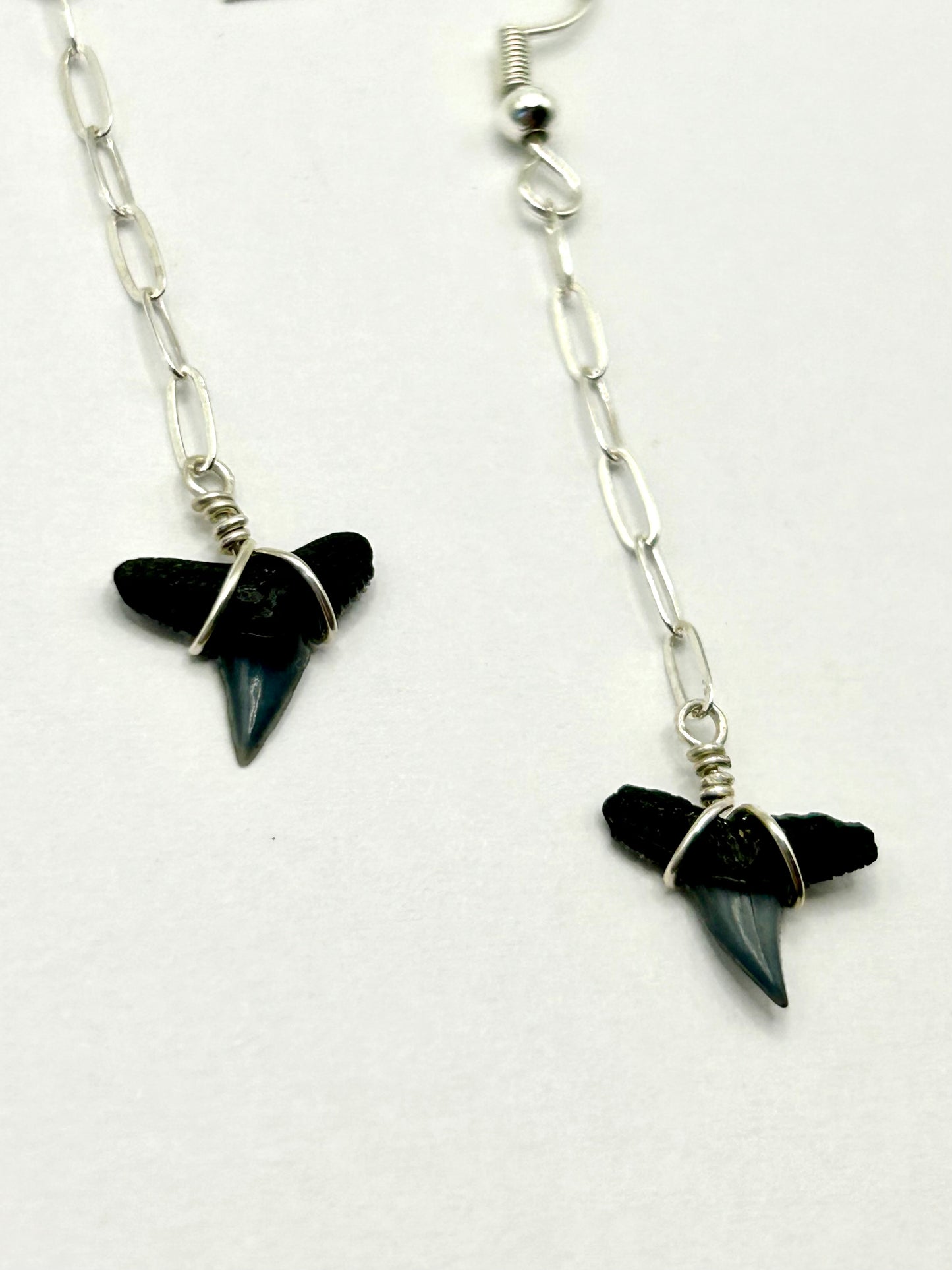 Shark Tooth Fossil with Paperclip Chain Sterling Silver Dangly Earrings