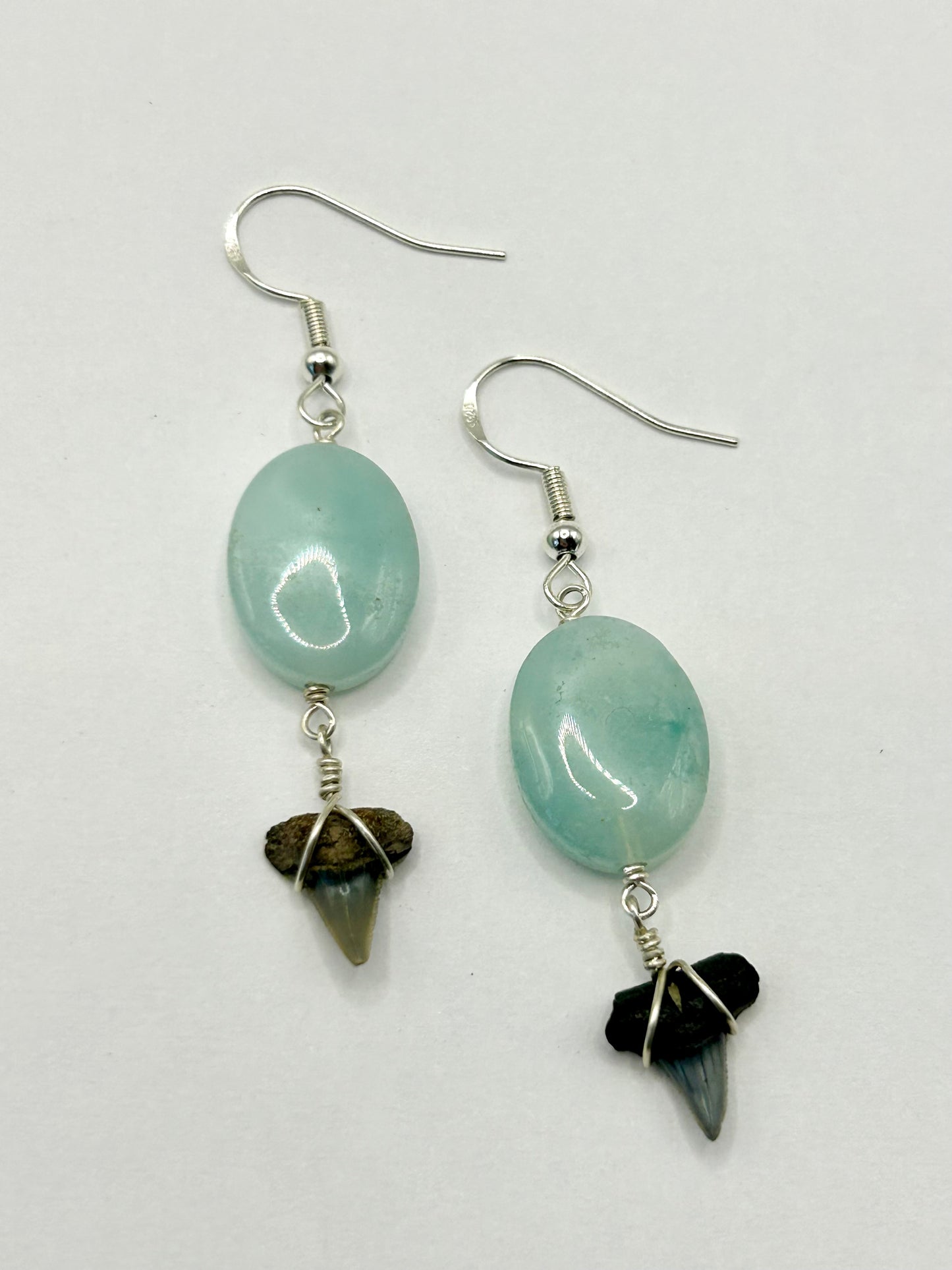 Shark Tooth Fossil with Amazonite Gemstone Sterling Silver Dangly Earrings