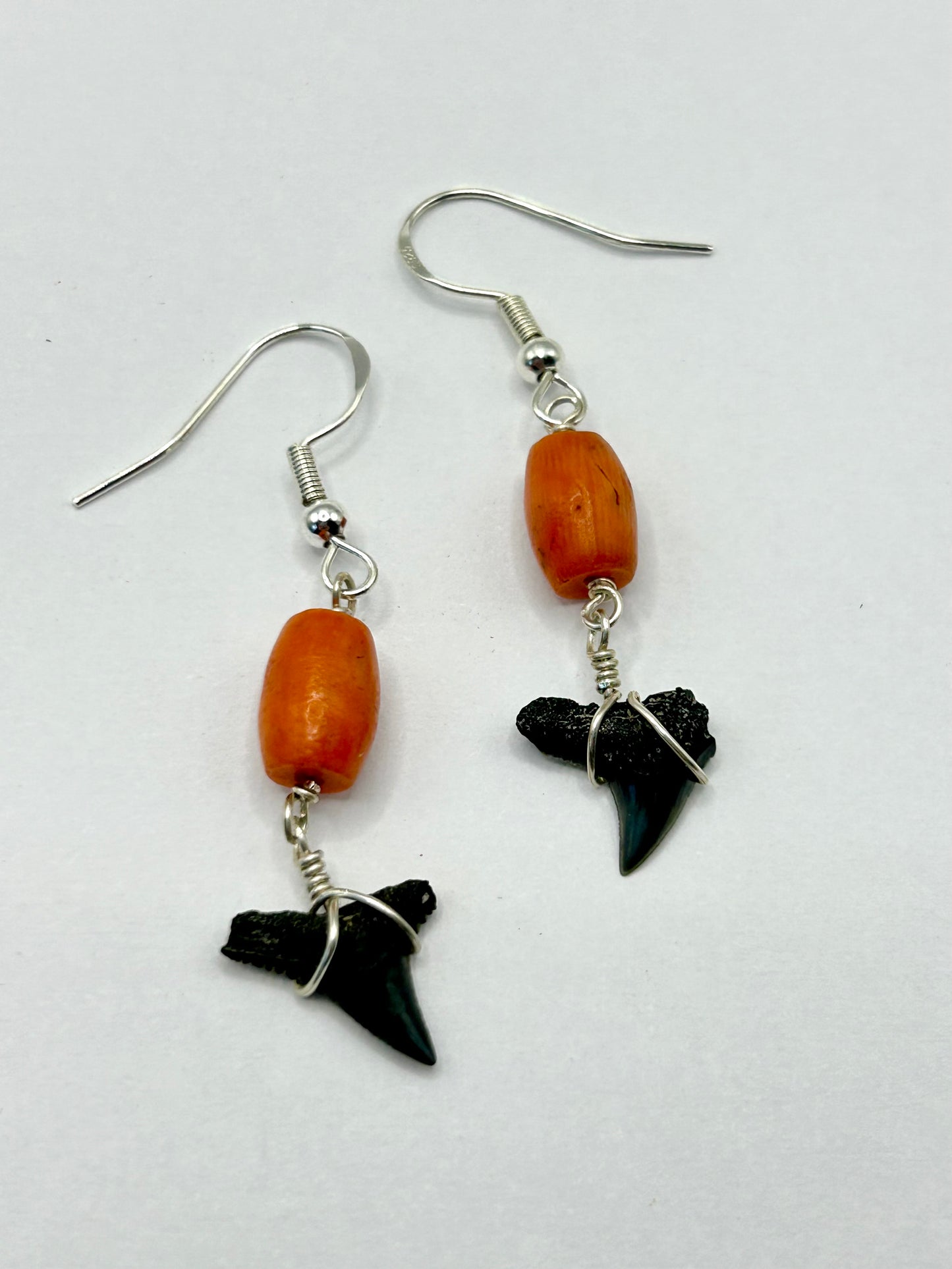 Shark Tooth Fossil with Coral Gemstone Sterling Silver Dangly Earrings