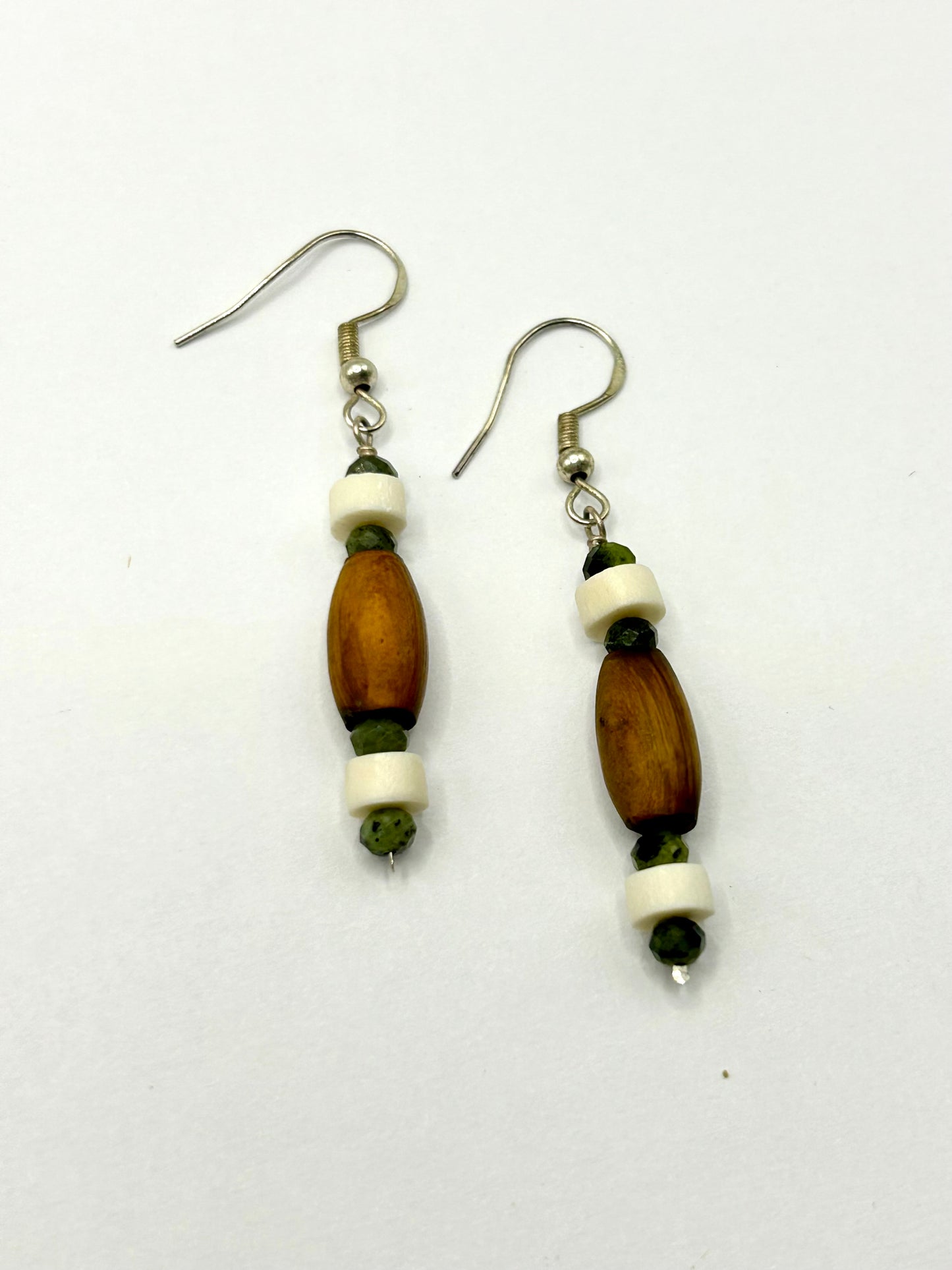 Wood, Bone & Nephrite Jade Gemstone Sterling Silver Dangly Earrings