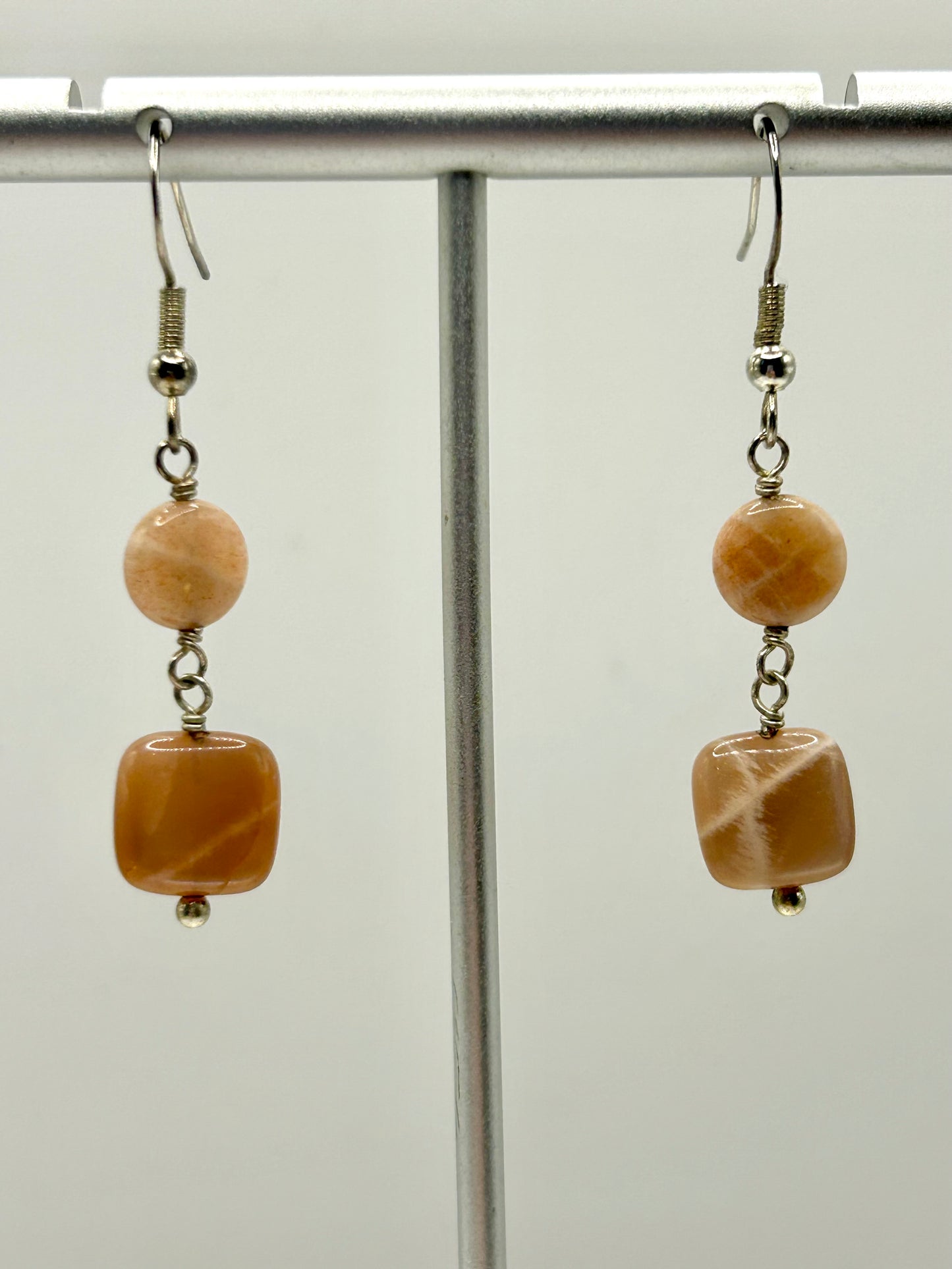 Peach Moonstone Gemstone Sterling Silver Dangly Earrings
