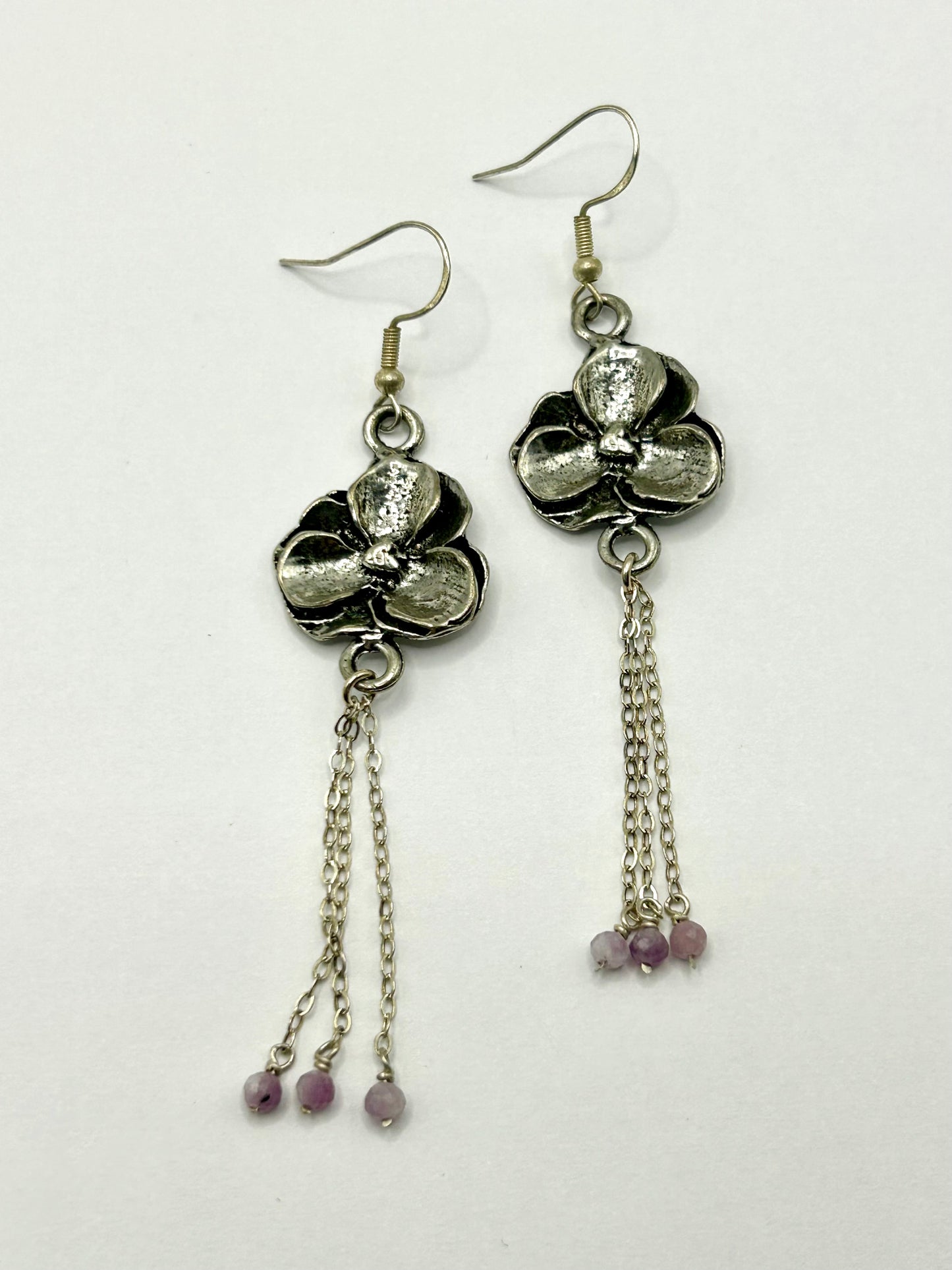 Flower Chain Lepidolite Gemstone Sterling Silver Dangly Earrings