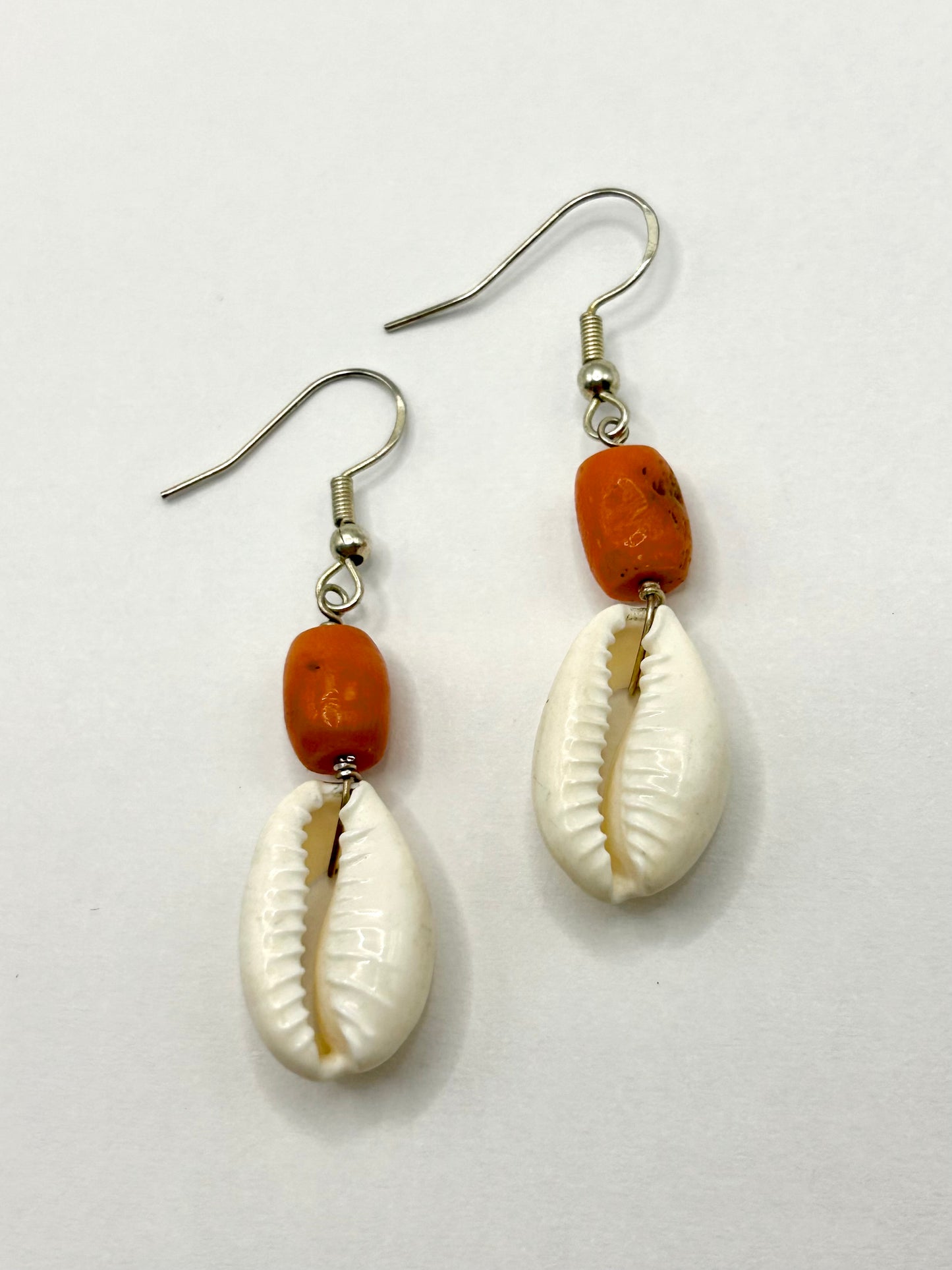 Cowrie Shell & Coral Gemstone Sterling Silver Dangly Earrings
