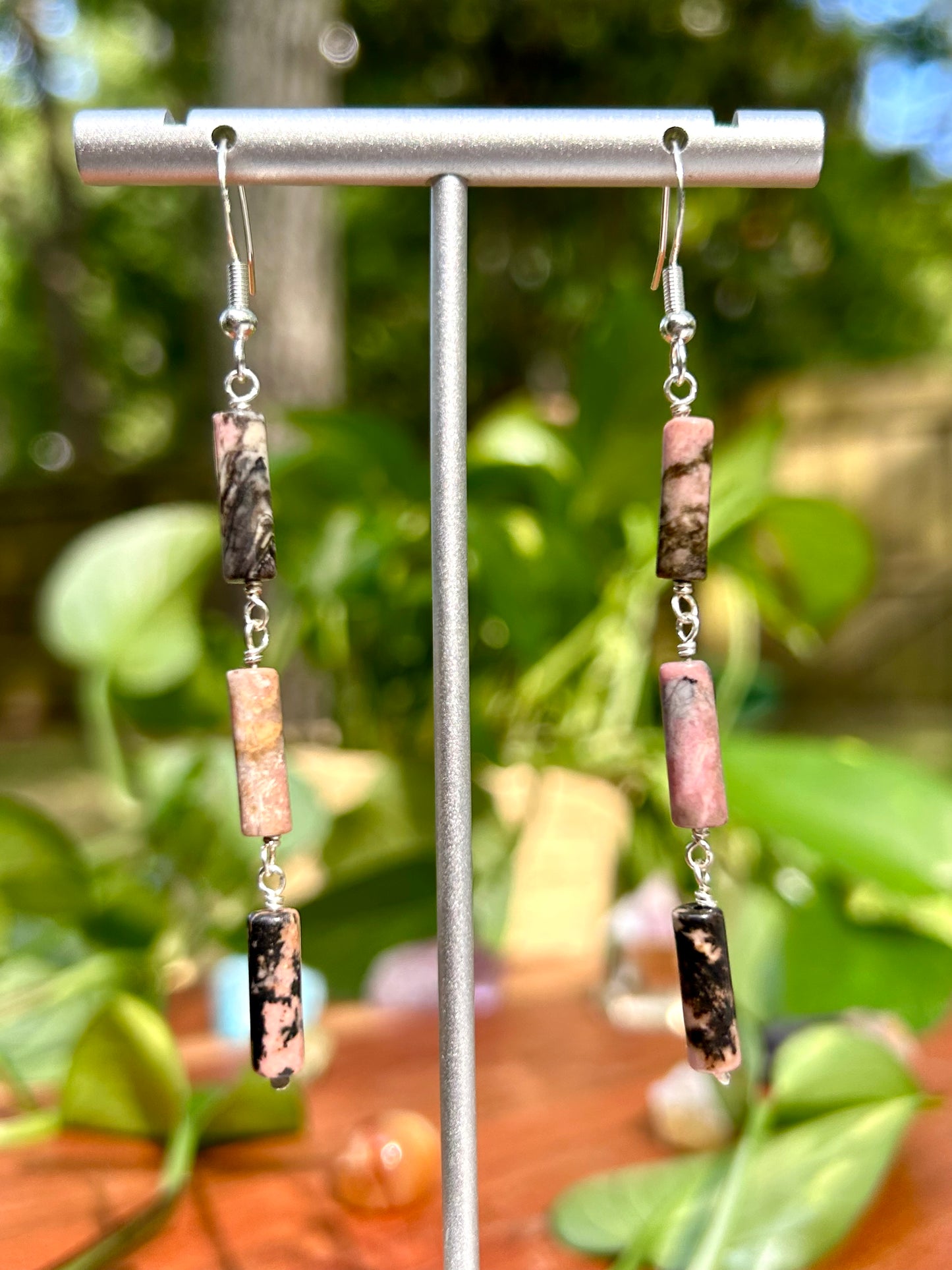 Rhodonite Gemstone Tube Sterling Silver Dangly Earrings