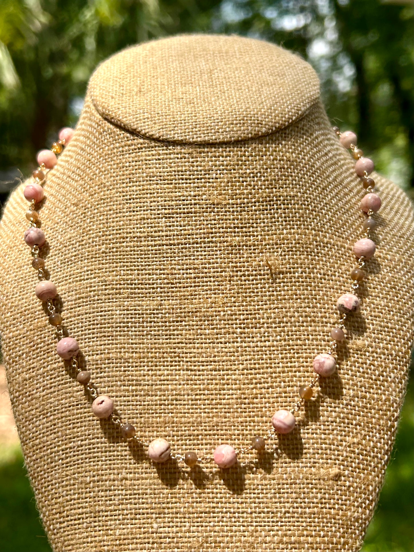 Rhodochrosite & Moonstone 14k Gold Fill Chain Link Gemstone Wire Wrapped Necklace