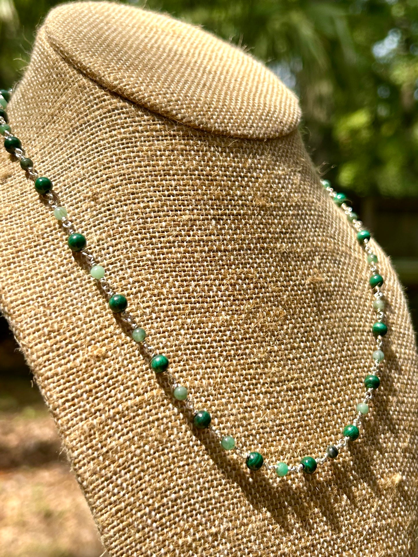 Malachite & Emerald Sterling Silver Chain Link Necklace