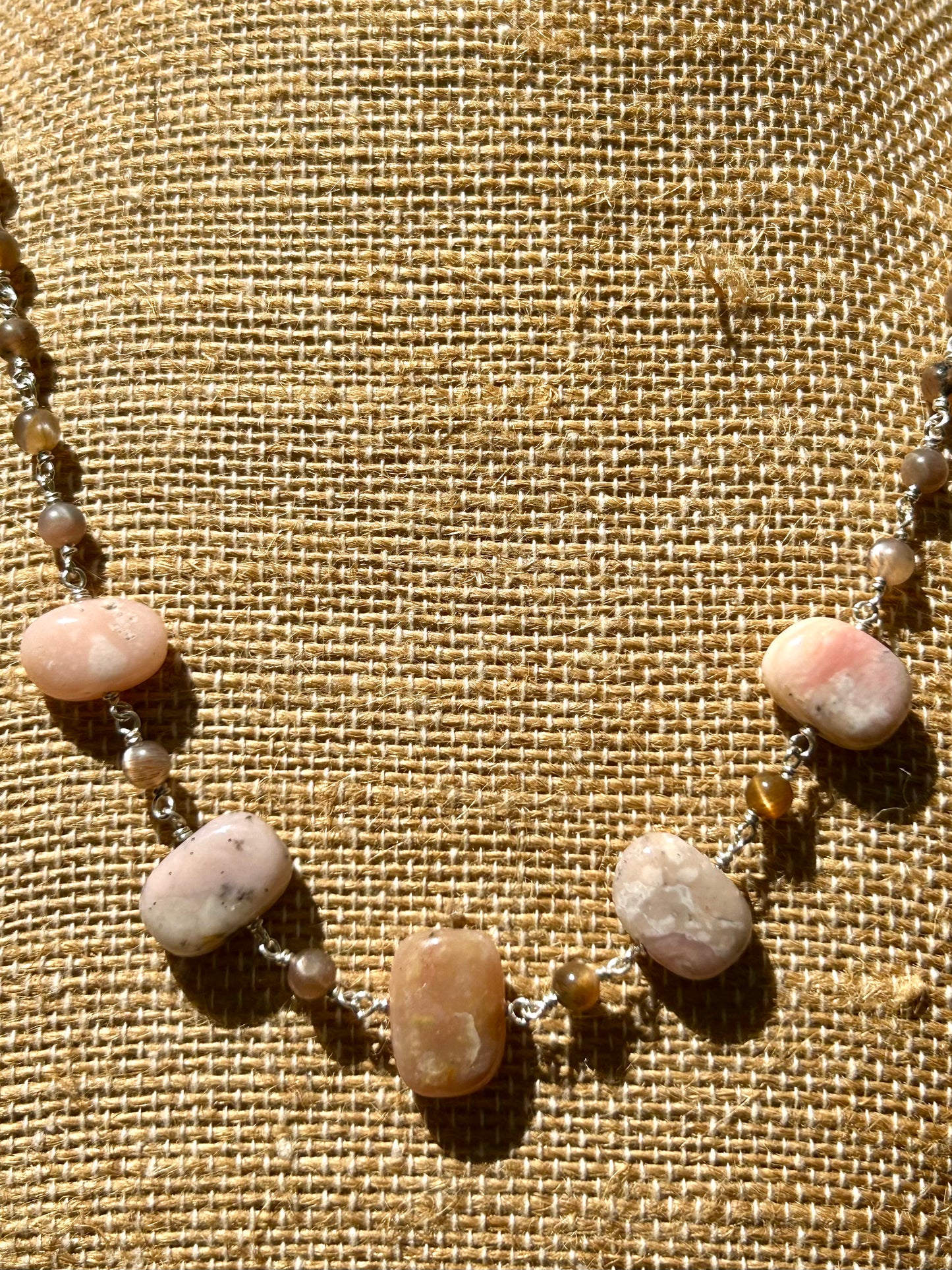 Pink Opal & Moonstone Gemstone Sterling Silver Chain Link Wire Wrapped Necklace