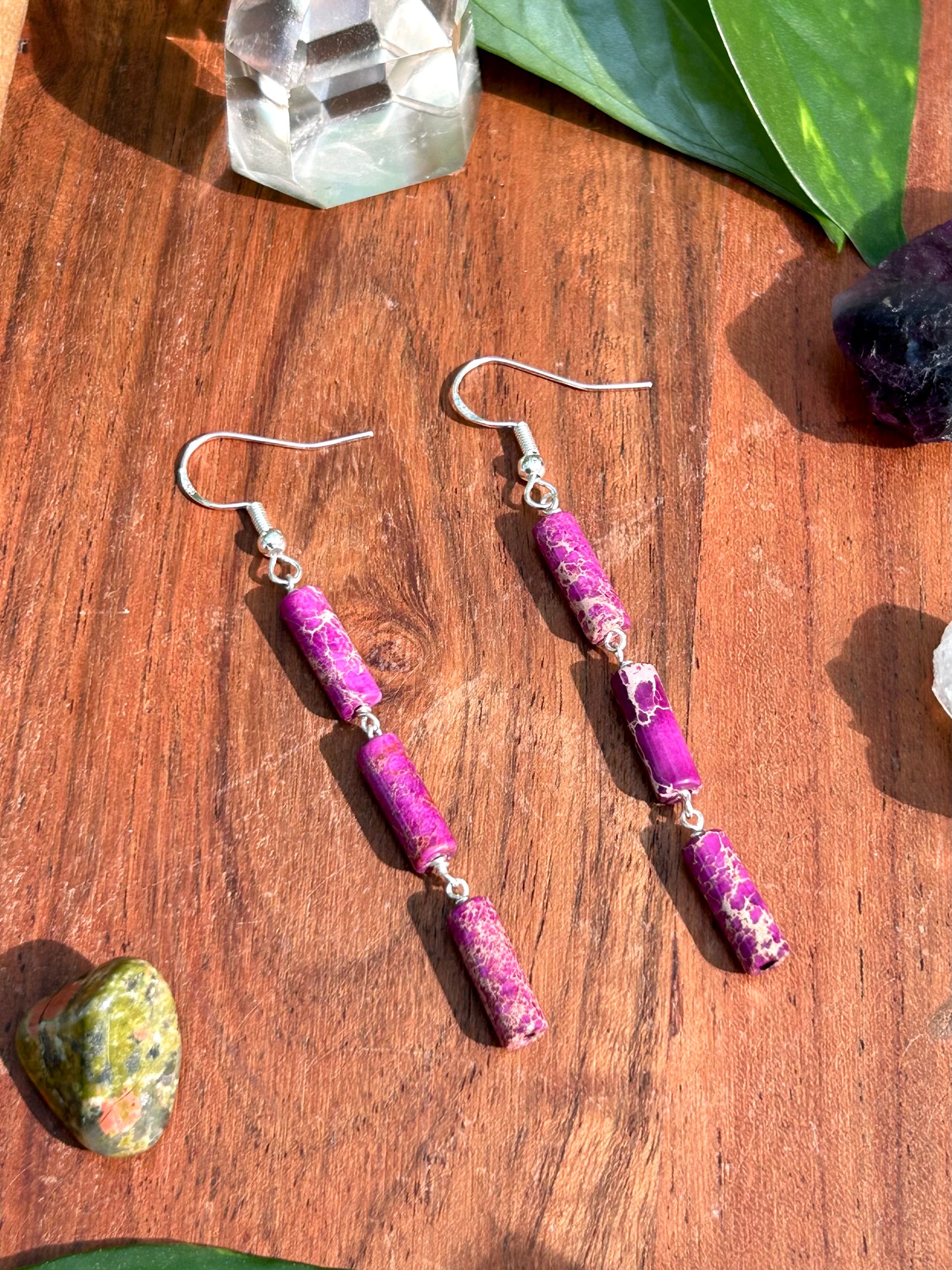 Pink “Sea Sediment Jasper” Gemstone Tube Sterling Silver Dangly Earrings