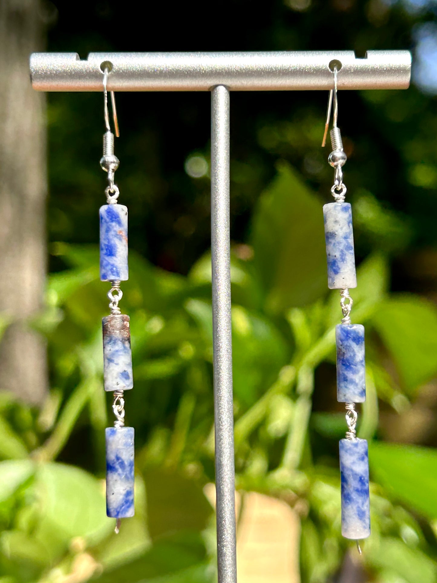 Dumortierite Gemstone Tube Sterling Silver Dangly Earrings