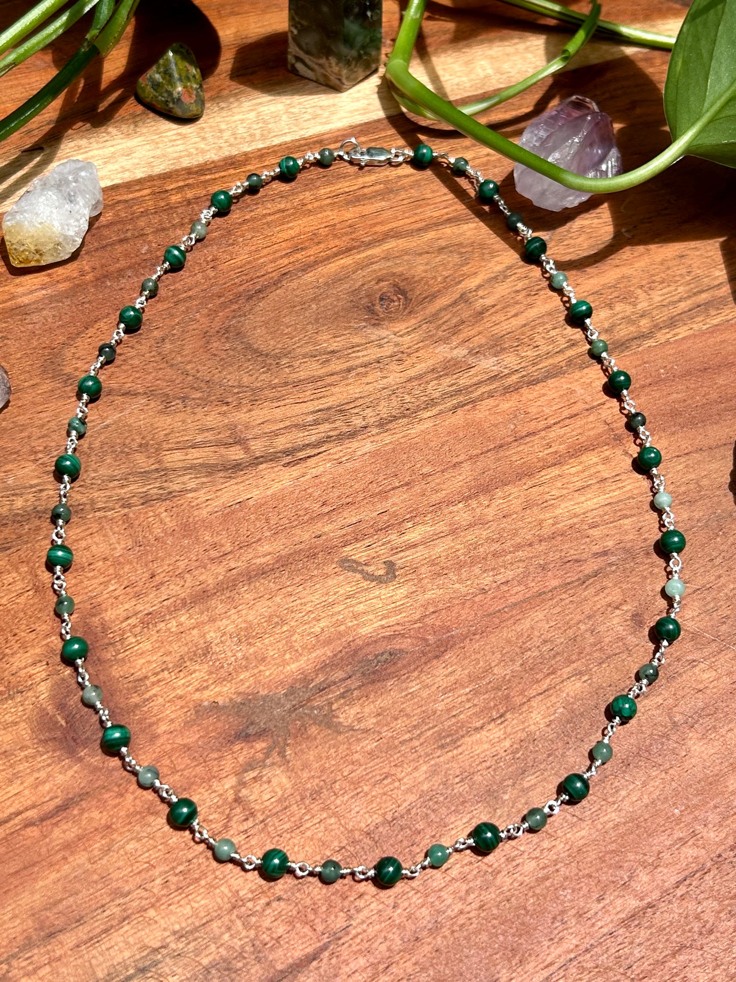 Malachite & Emerald Sterling Silver Chain Link Necklace