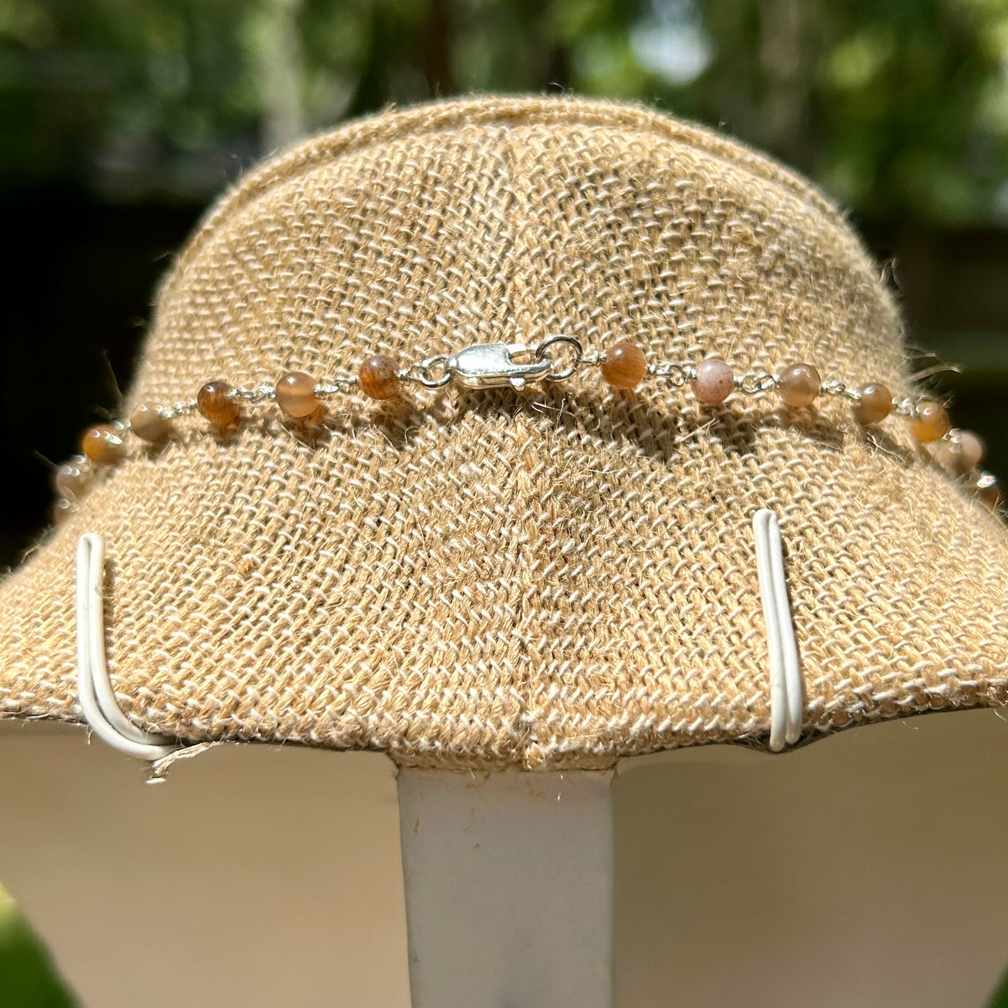 Pink Opal & Moonstone Gemstone Sterling Silver Chain Link Wire Wrapped Necklace