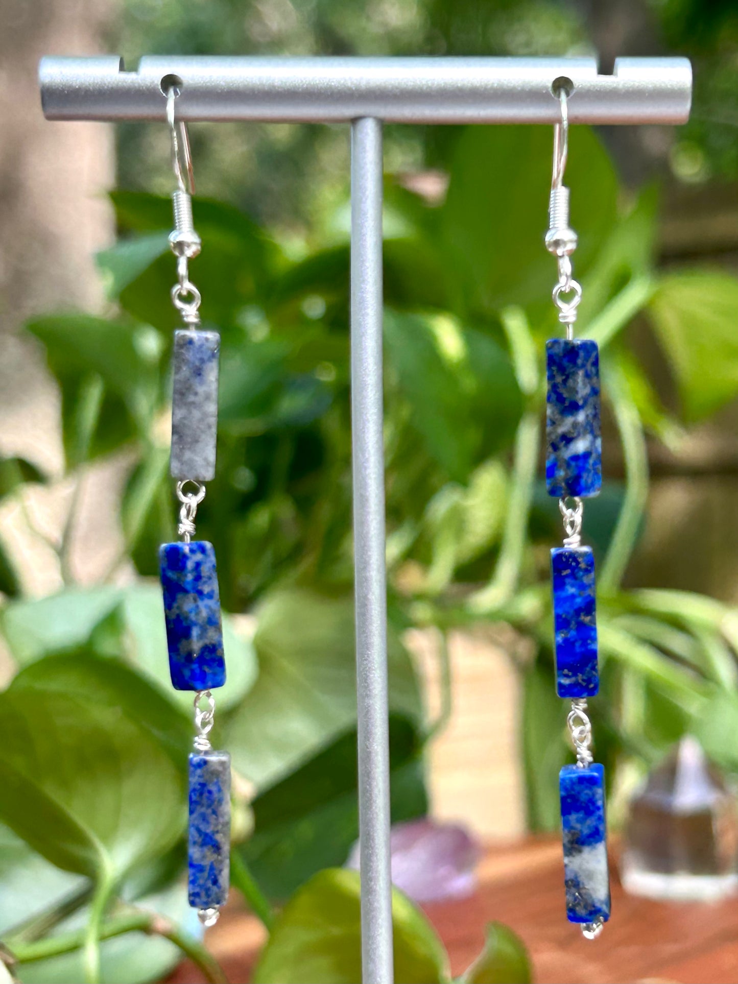 Lapis Lazuli Gemstone Tube Sterling Silver Dangly Earrings