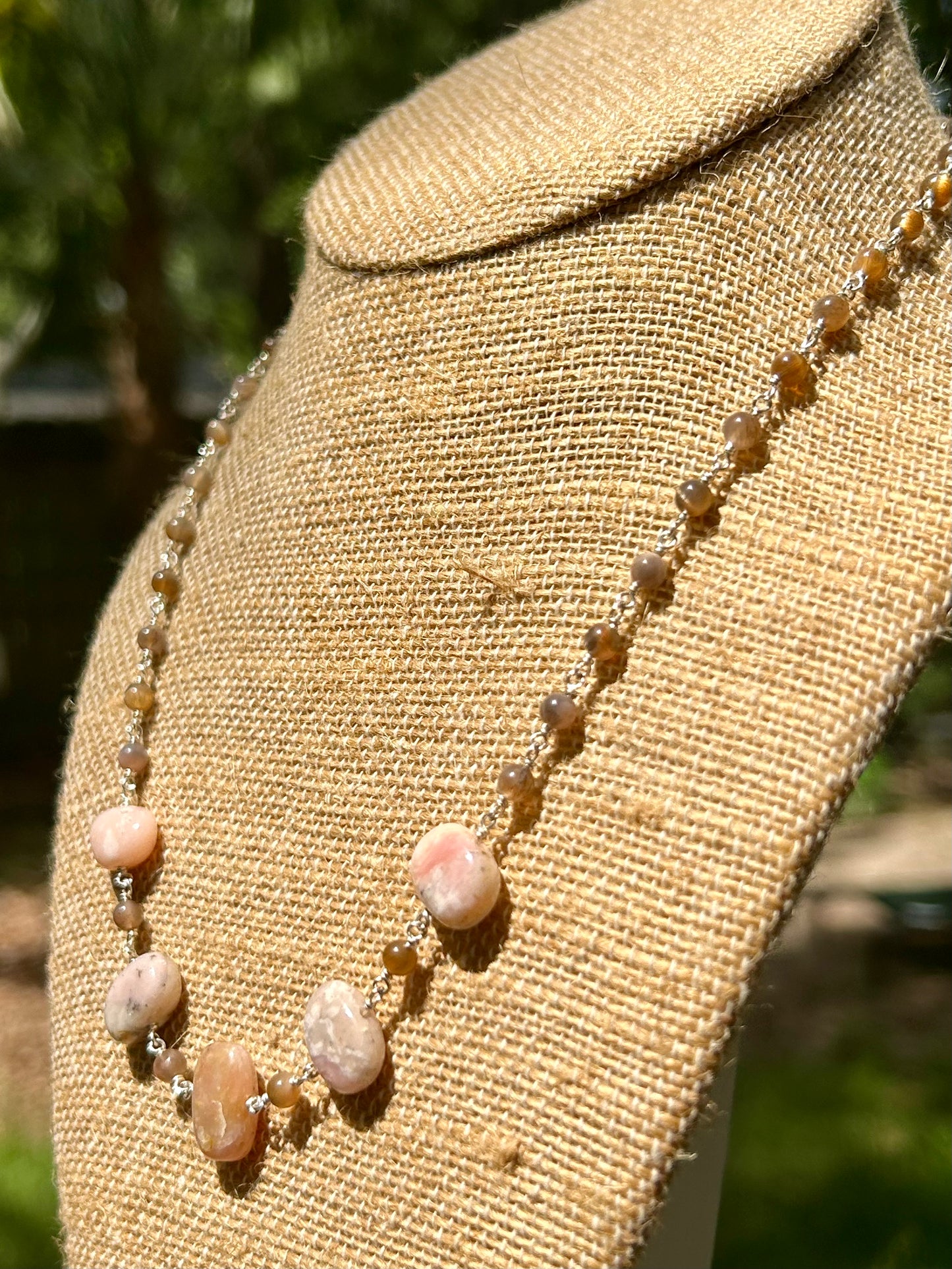 Pink Opal & Moonstone Gemstone Sterling Silver Chain Link Wire Wrapped Necklace