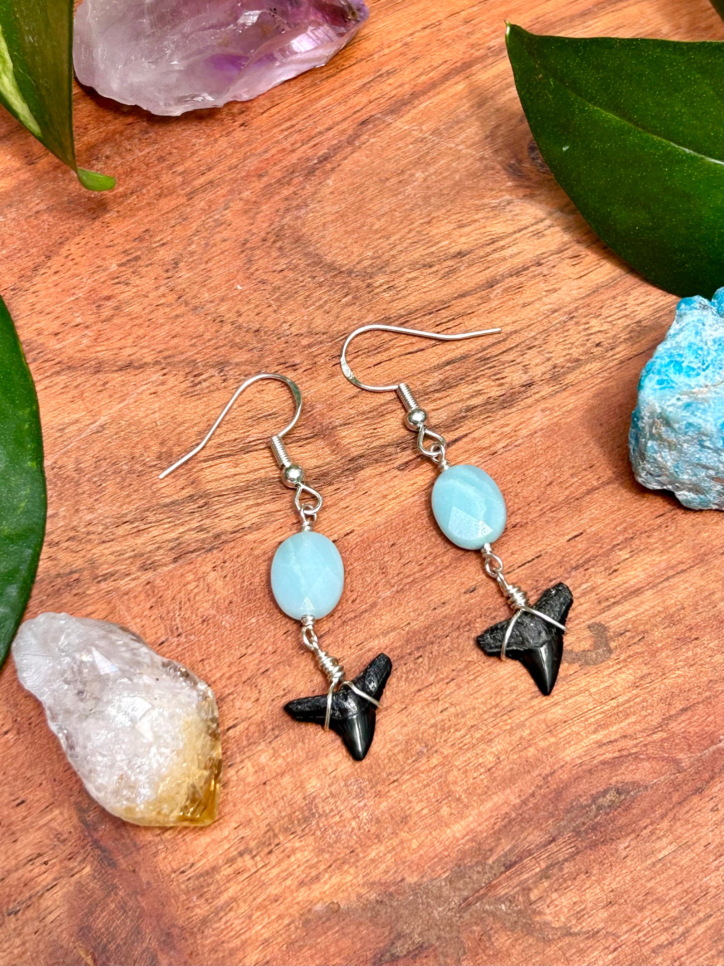 Shark Teeth & Faceted Amazonite Gemstone Sterling Silver Dangly Earrings