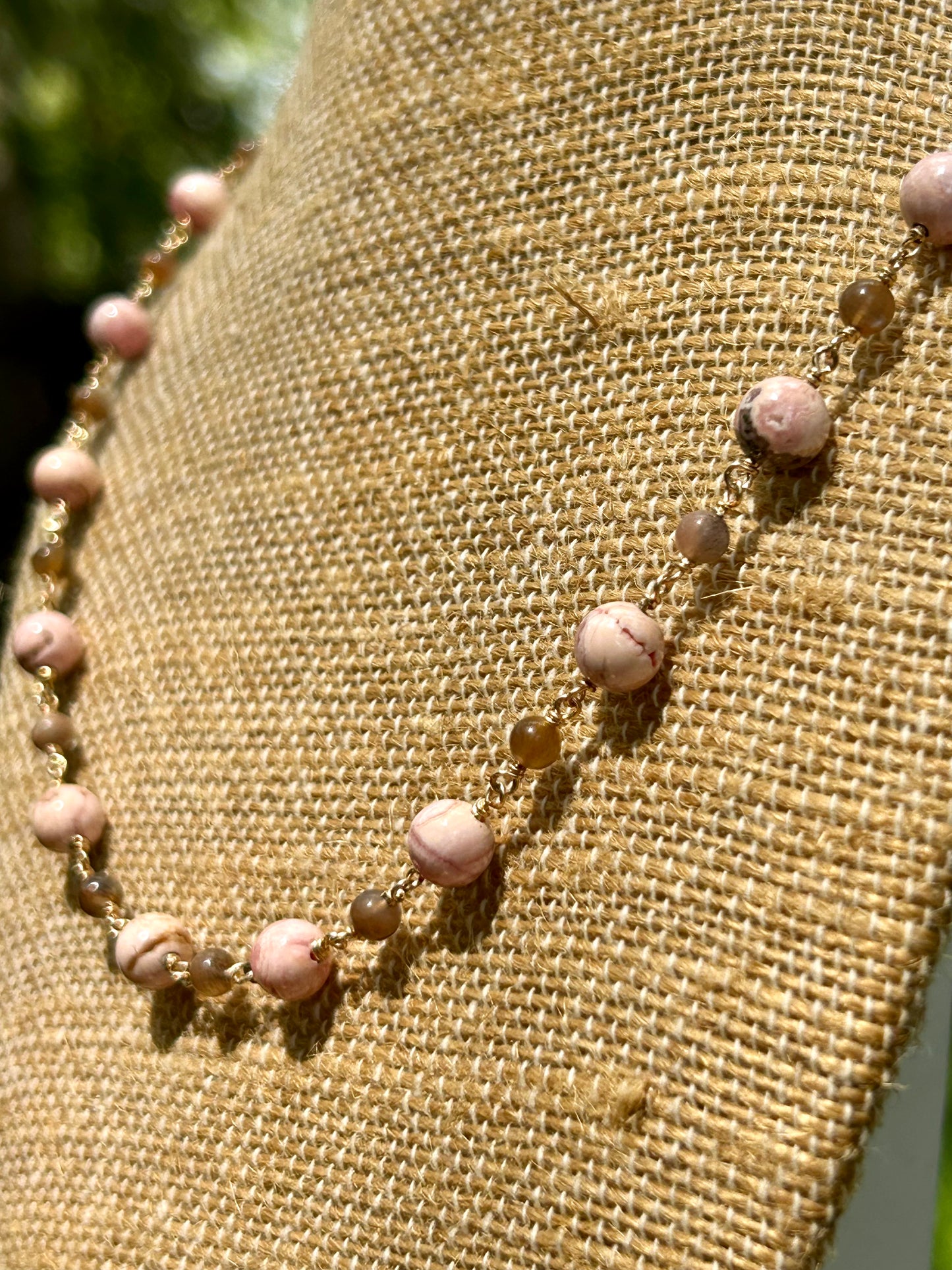 Rhodochrosite & Moonstone 14k Gold Fill Chain Link Gemstone Wire Wrapped Necklace