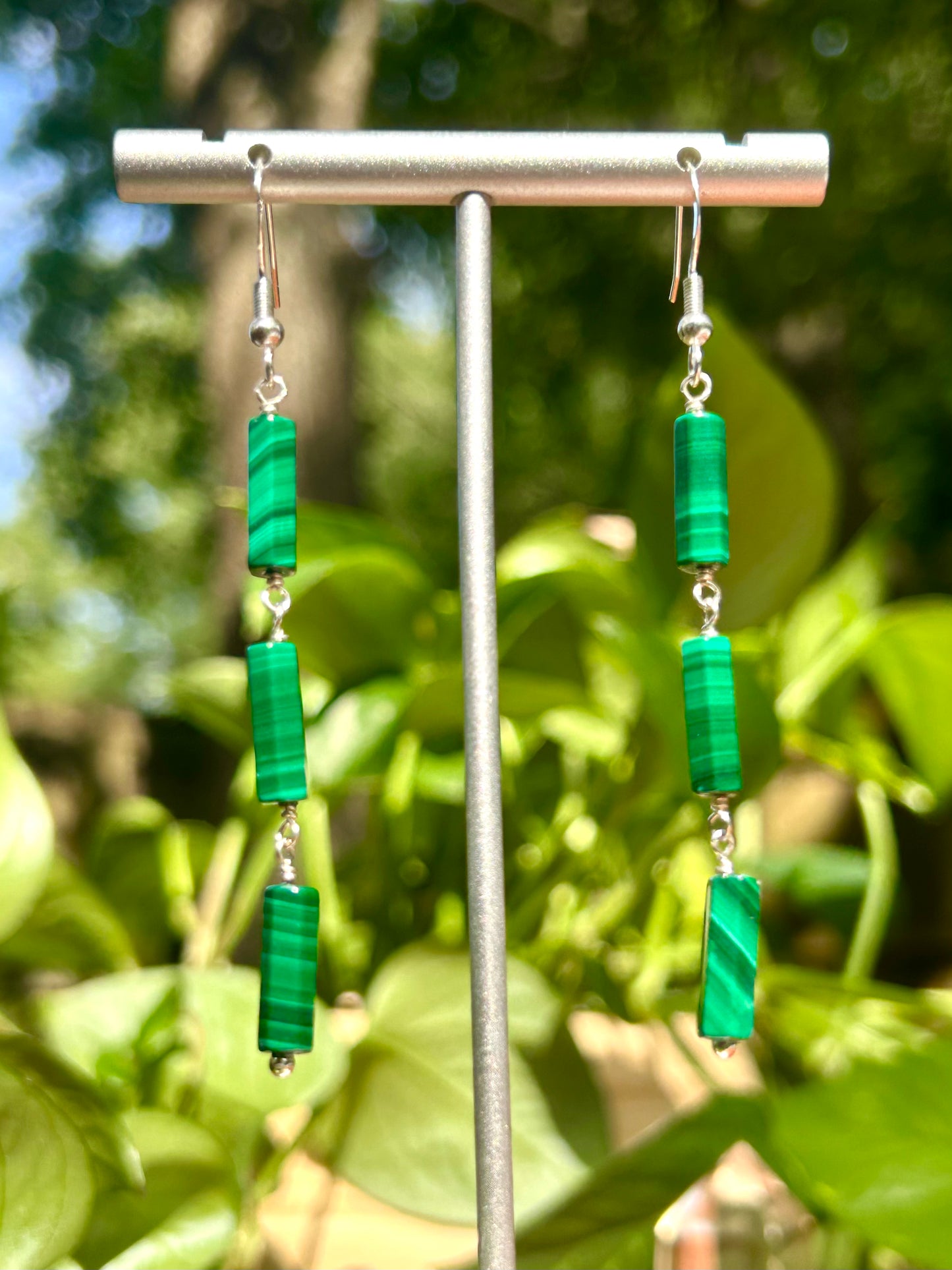 Malachite Gemstone Tube Sterling Silver Dangly Earrings