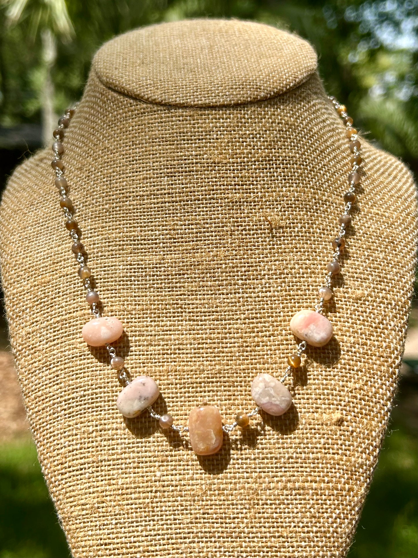 Pink Opal & Moonstone Gemstone Sterling Silver Chain Link Wire Wrapped Necklace