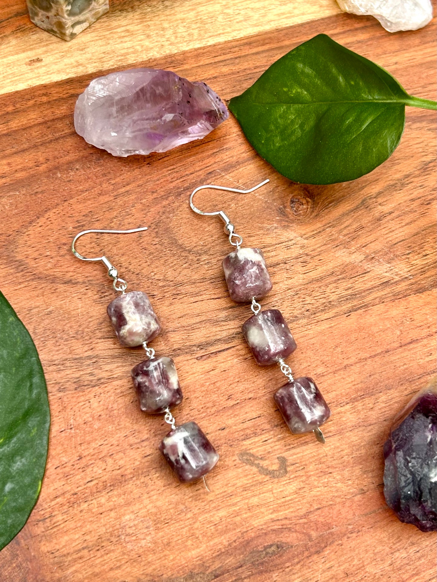 Lepidolite Gemstone Sterling Silver Dangly Earrings