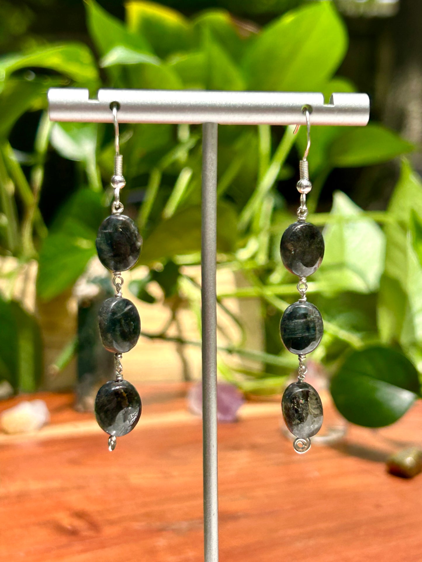 Blue Kyanite Triple Gemstone Sterling Silver Dangly Earrings