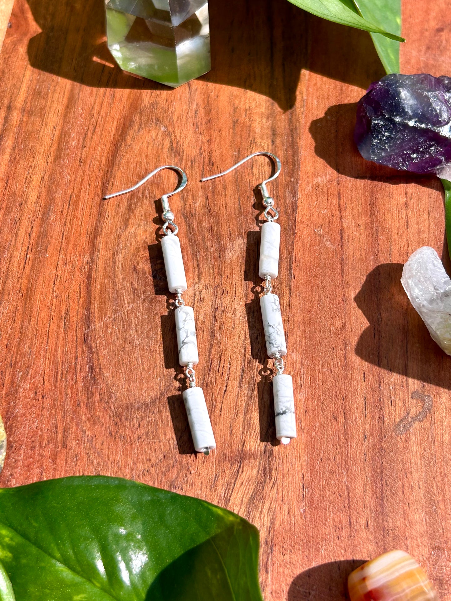 White Howlite Gemstone Tube Sterling Silver Dangly Earrings