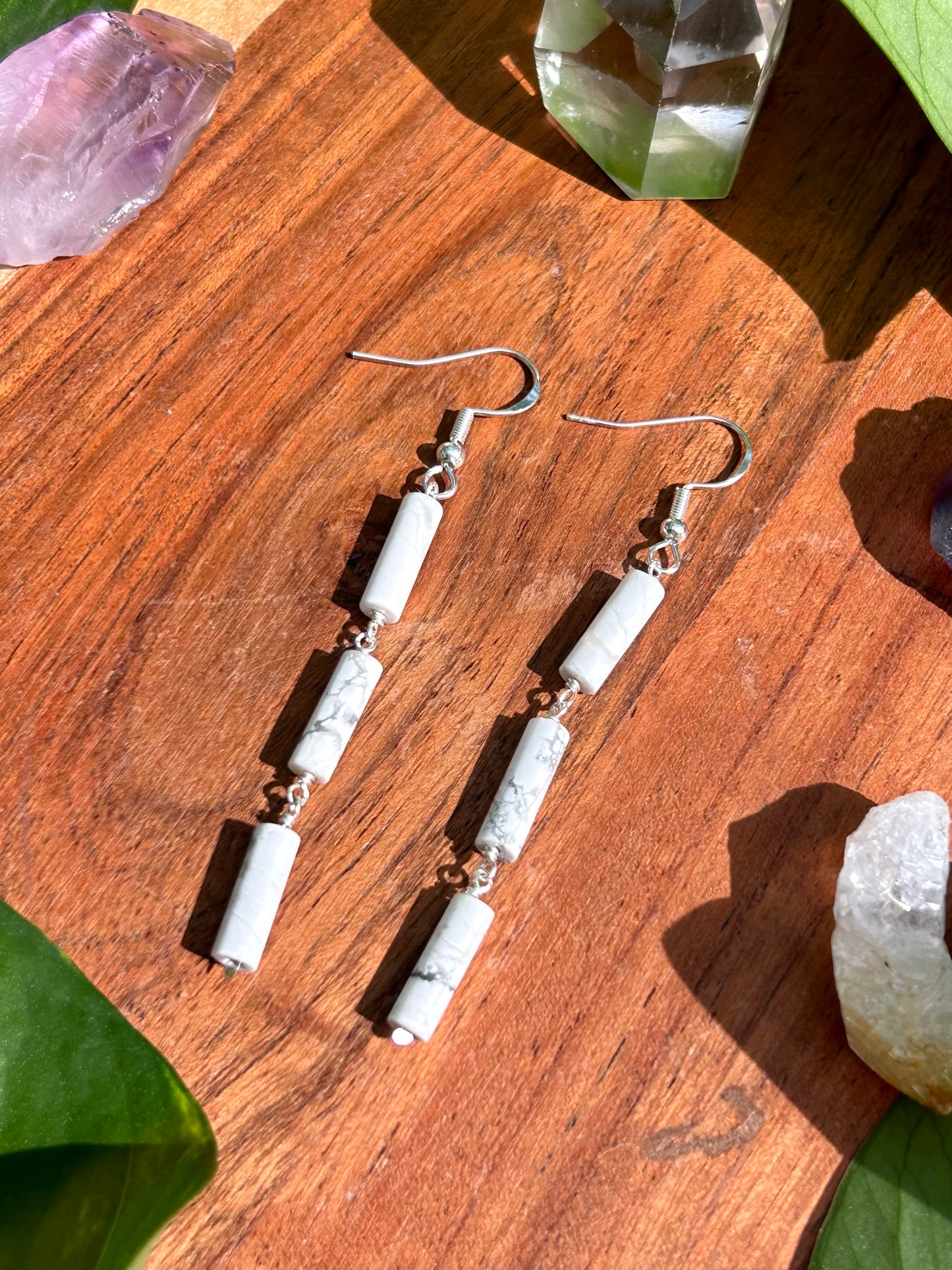 White Howlite Gemstone Tube Sterling Silver Dangly Earrings