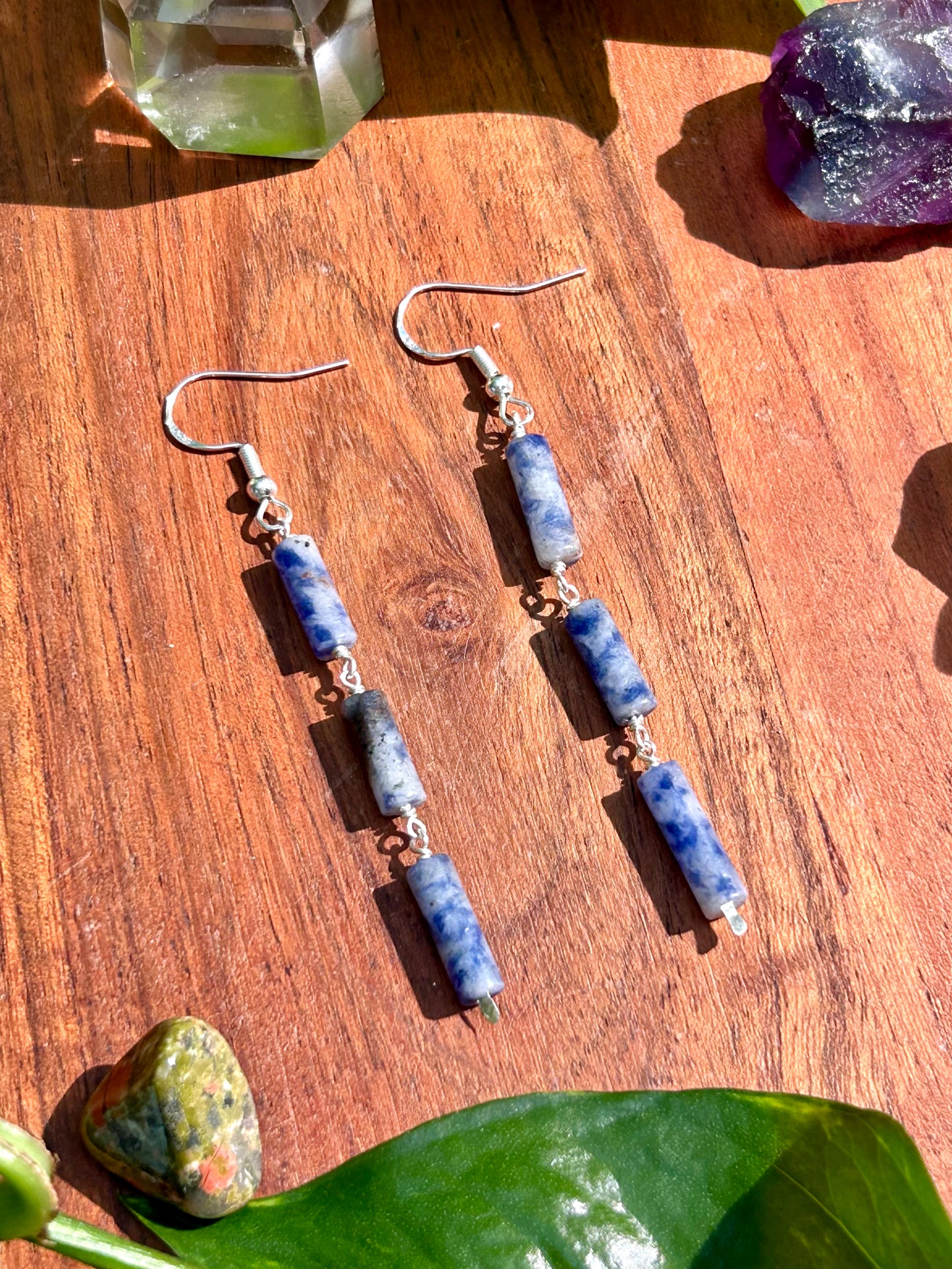Dumortierite Gemstone Tube Sterling Silver Dangly Earrings