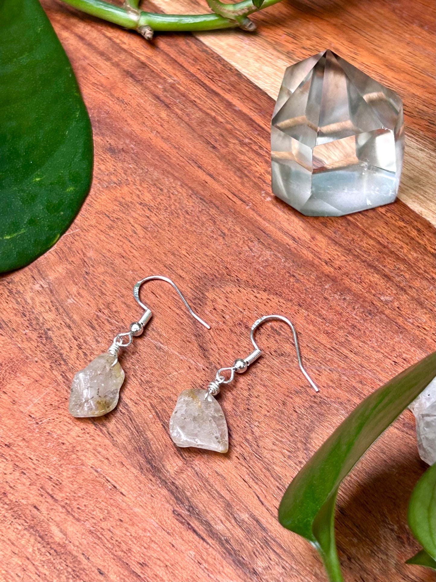 Gold Rutilated Quartz Gemstone Sterling Silver Dangly Earrings