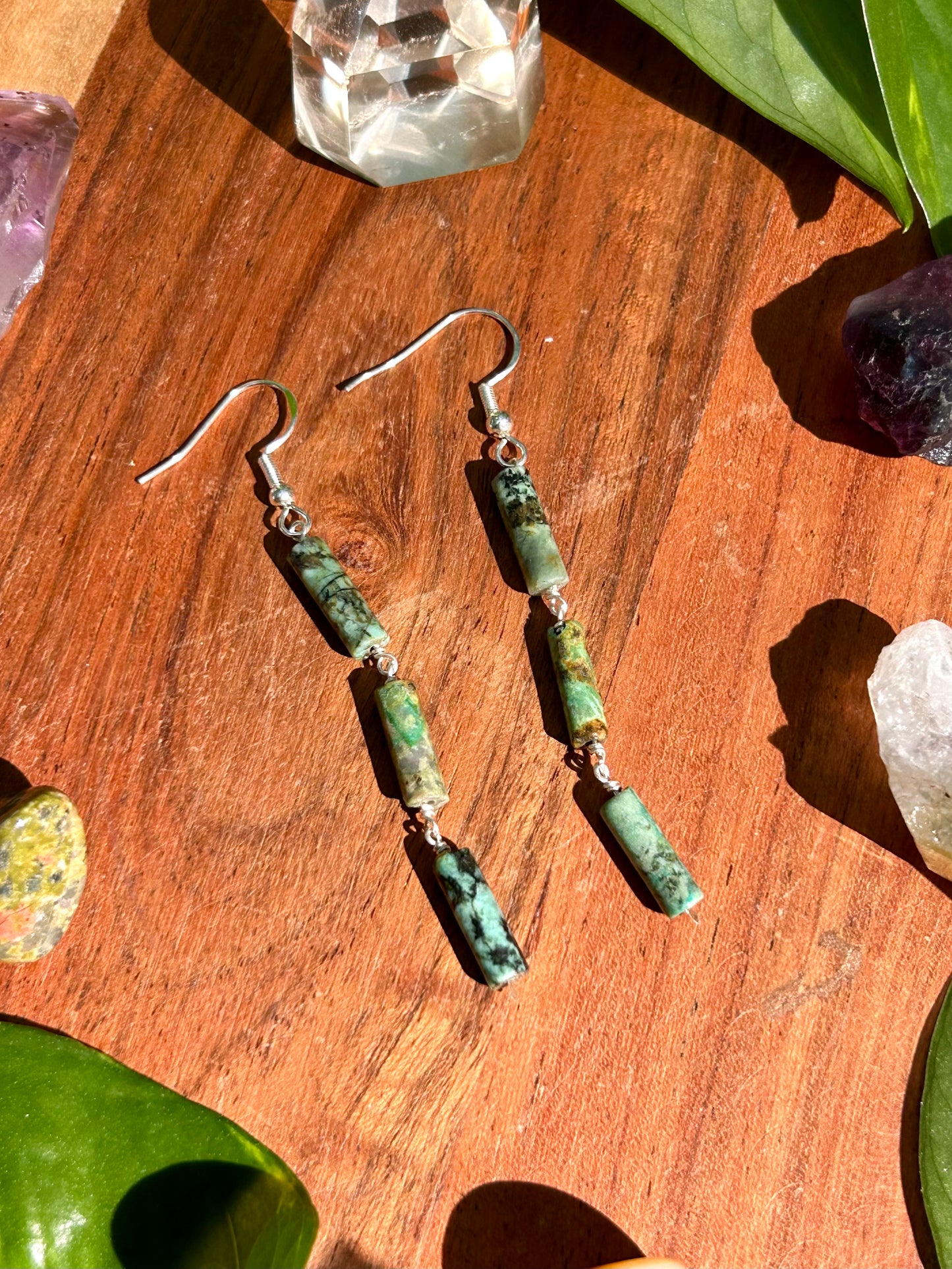 African Turquoise Gemstone Tube Sterling Silver Dangly Earrings