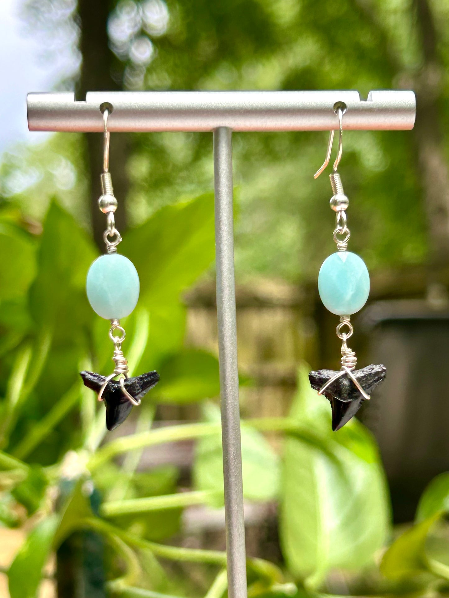 Shark Teeth & Faceted Amazonite Gemstone Sterling Silver Dangly Earrings