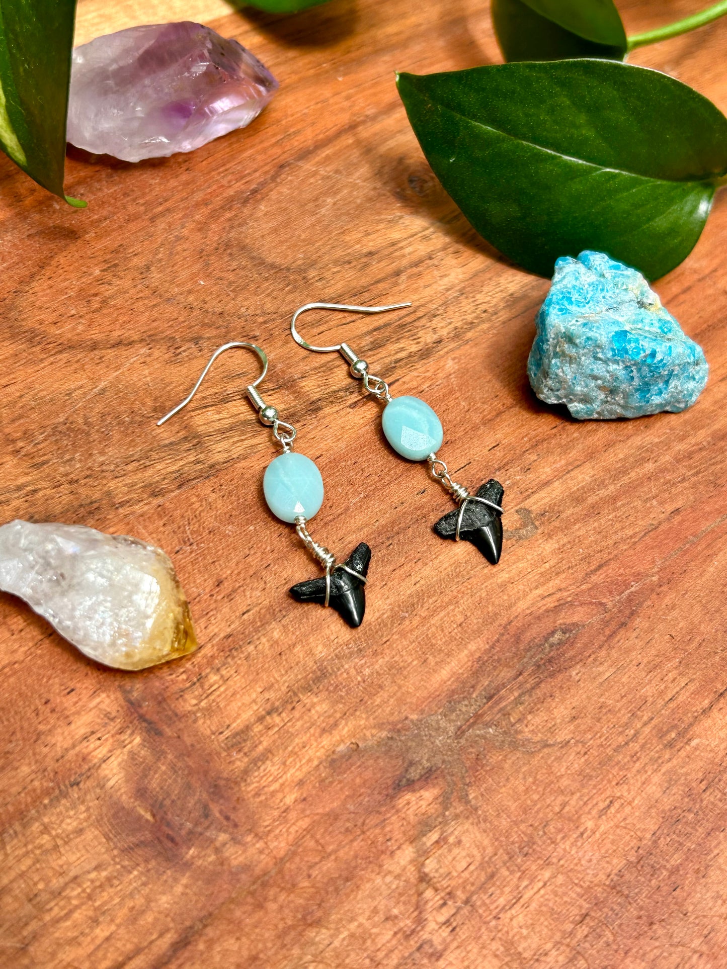Shark Teeth & Faceted Amazonite Gemstone Sterling Silver Dangly Earrings