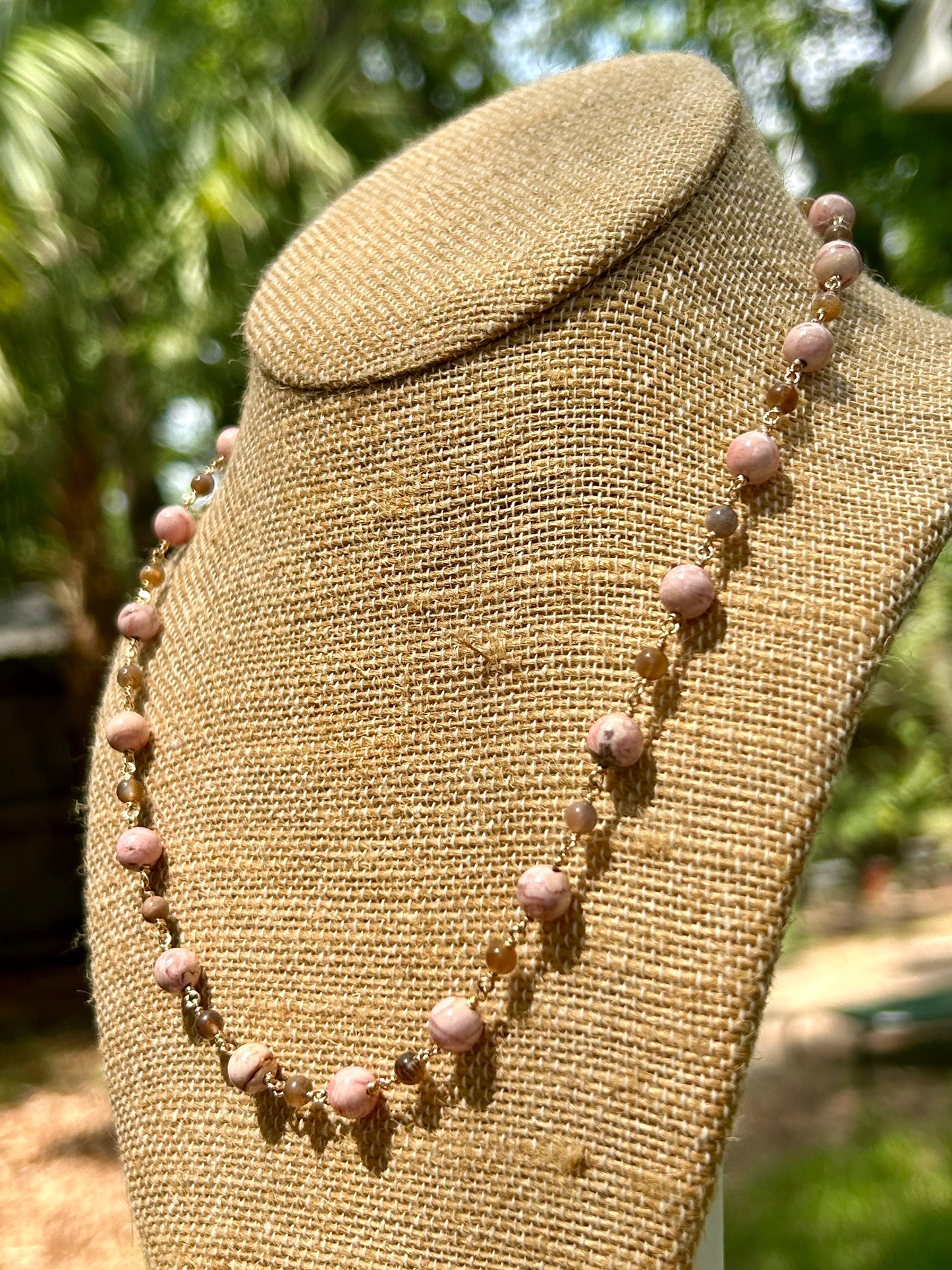 Rhodochrosite & Moonstone 14k Gold Fill Chain Link Gemstone Wire Wrapped Necklace