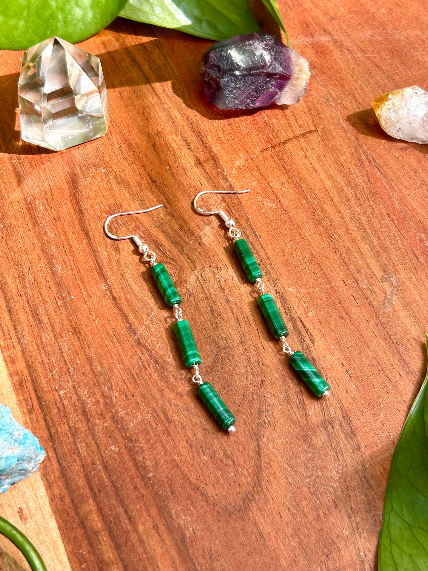Malachite Gemstone Tube Sterling Silver Dangly Earrings