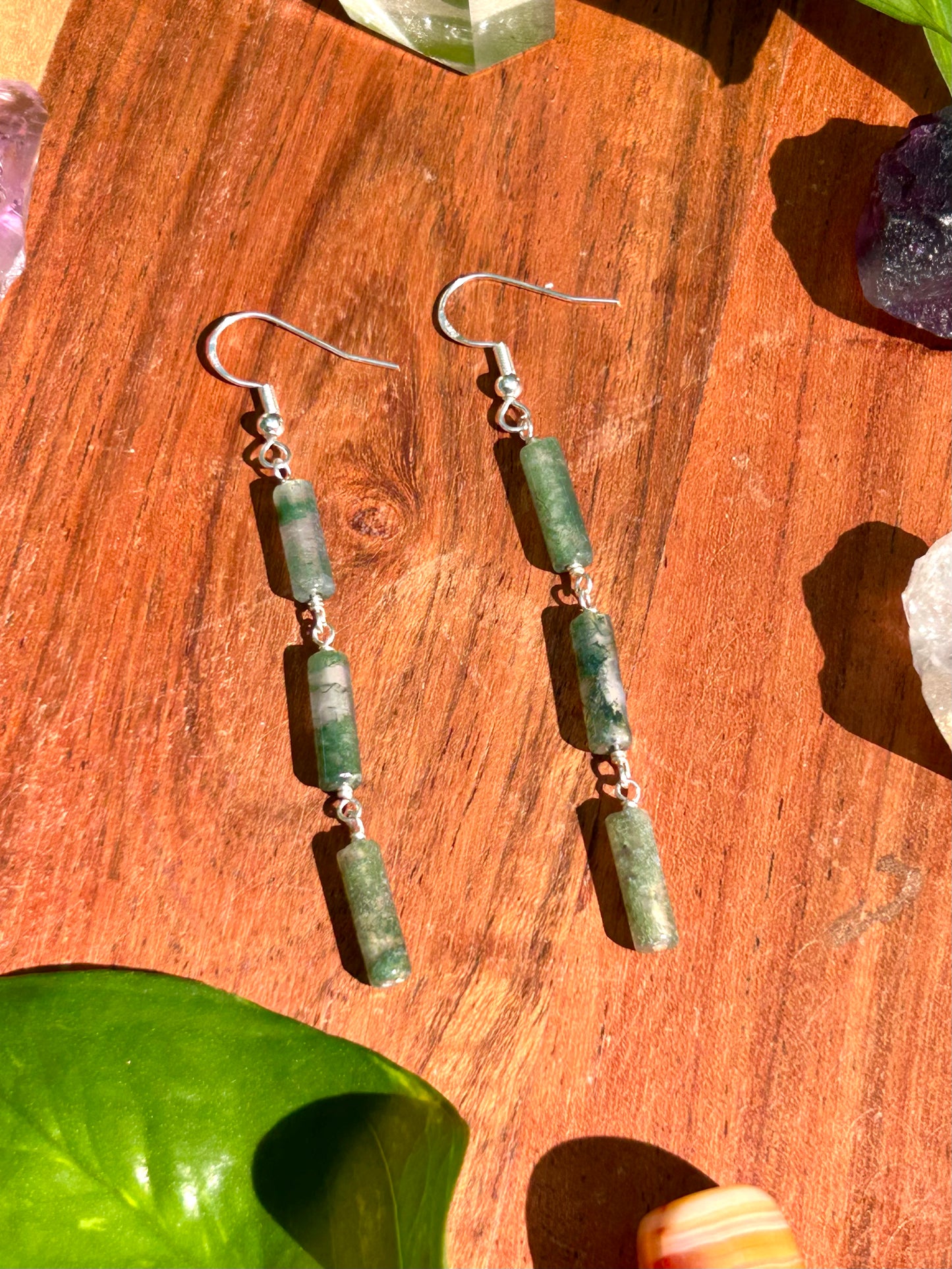 Moss Agate Gemstone Tube Sterling Silver Dangly Earrings