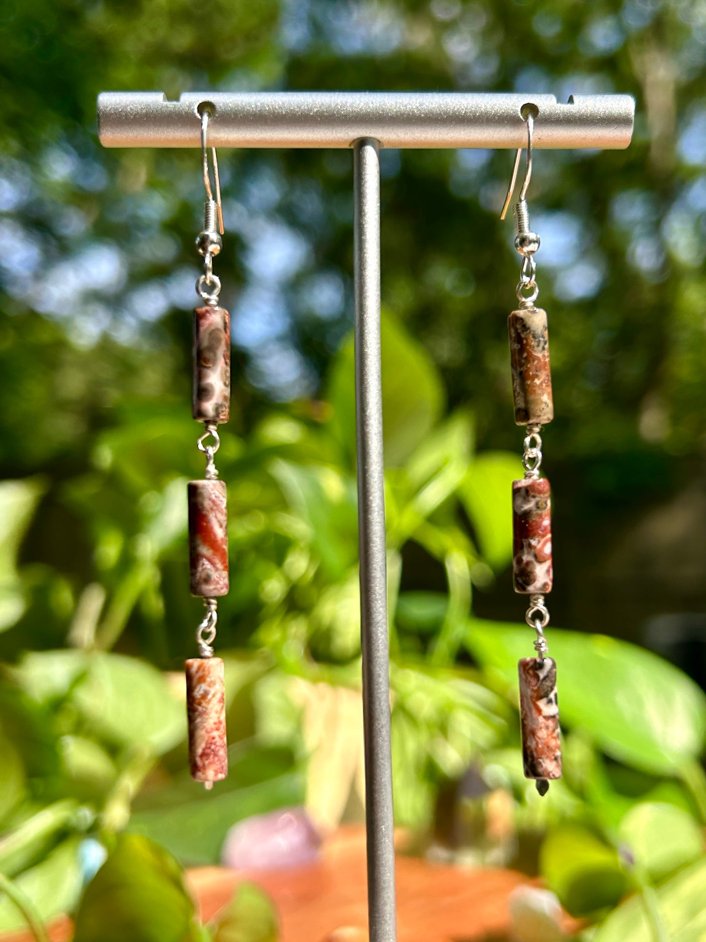 Leopard Skin Jasper Gemstone Tube Sterling Silver Dangly Earrings