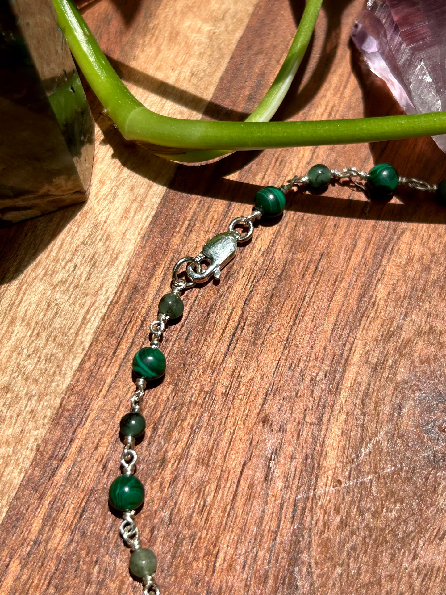 Malachite & Emerald Sterling Silver Chain Link Necklace