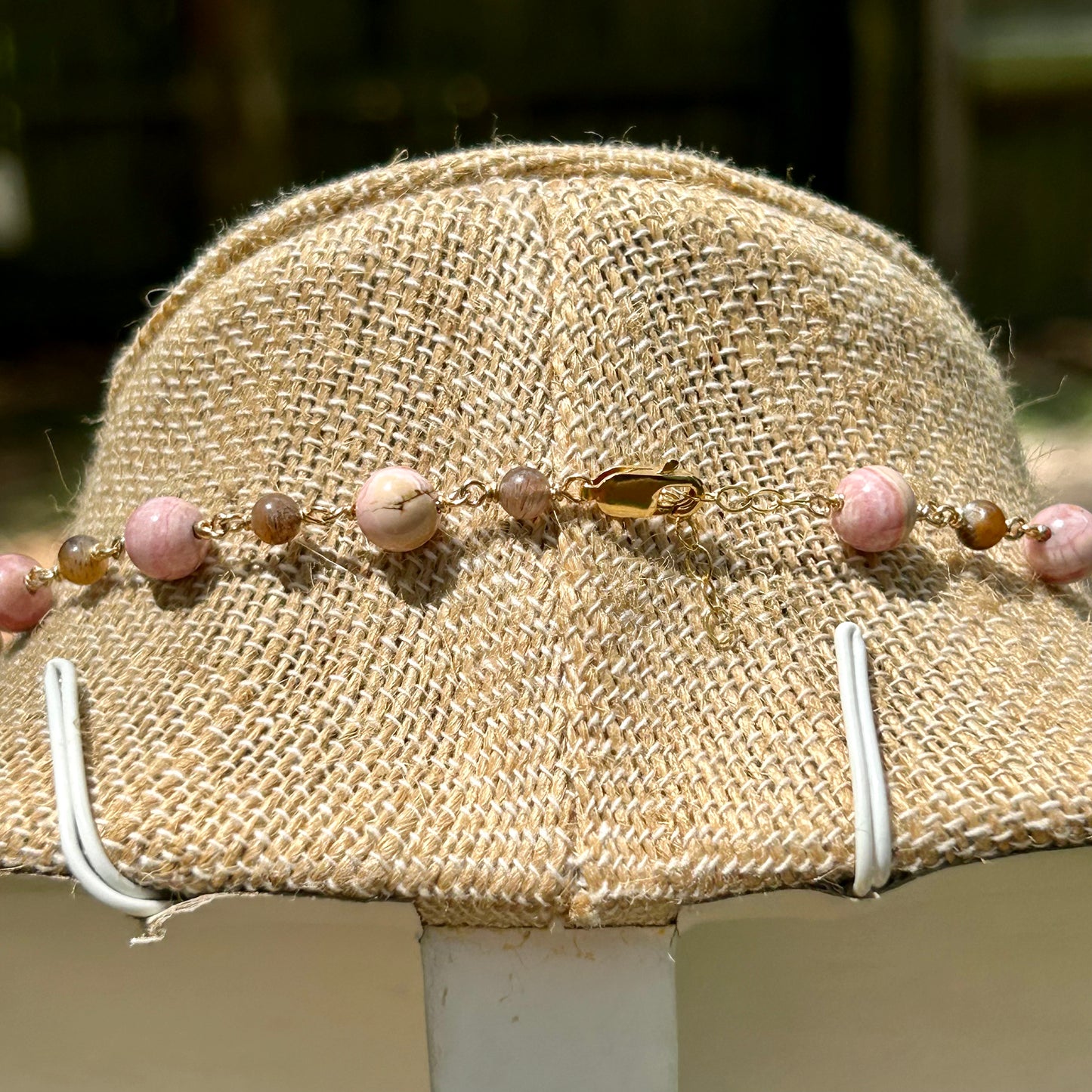 Rhodochrosite & Moonstone 14k Gold Fill Chain Link Gemstone Wire Wrapped Necklace