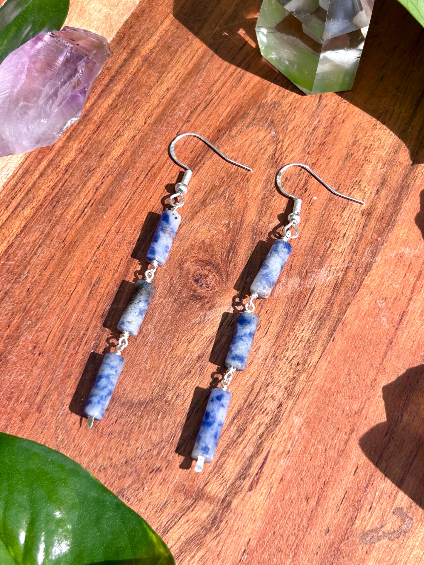 Dumortierite Gemstone Tube Sterling Silver Dangly Earrings