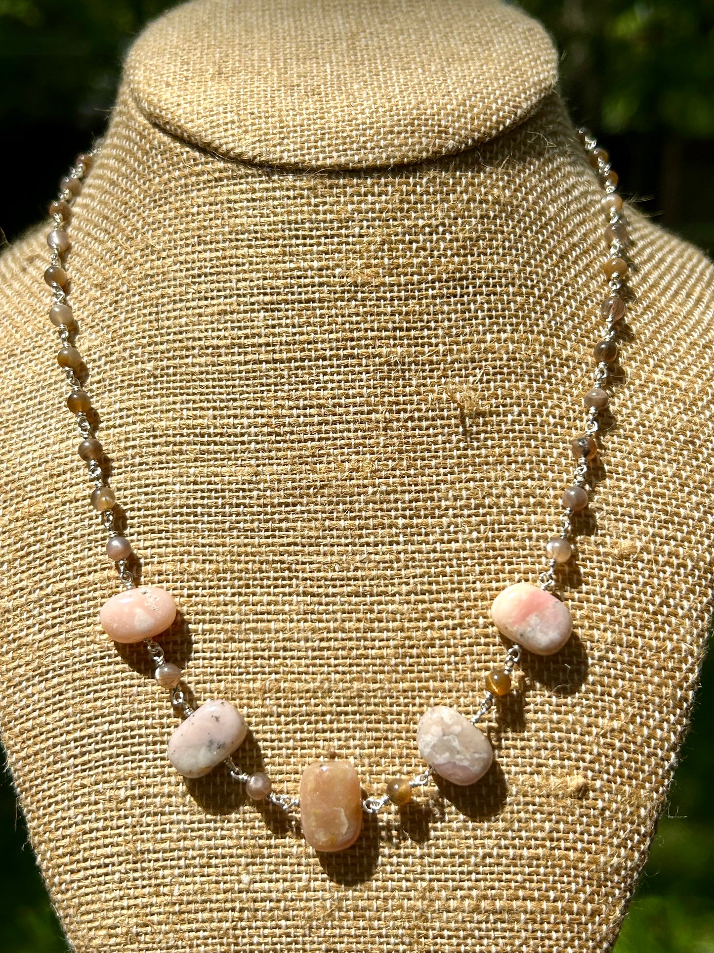 Pink Opal & Moonstone Gemstone Sterling Silver Chain Link Wire Wrapped Necklace