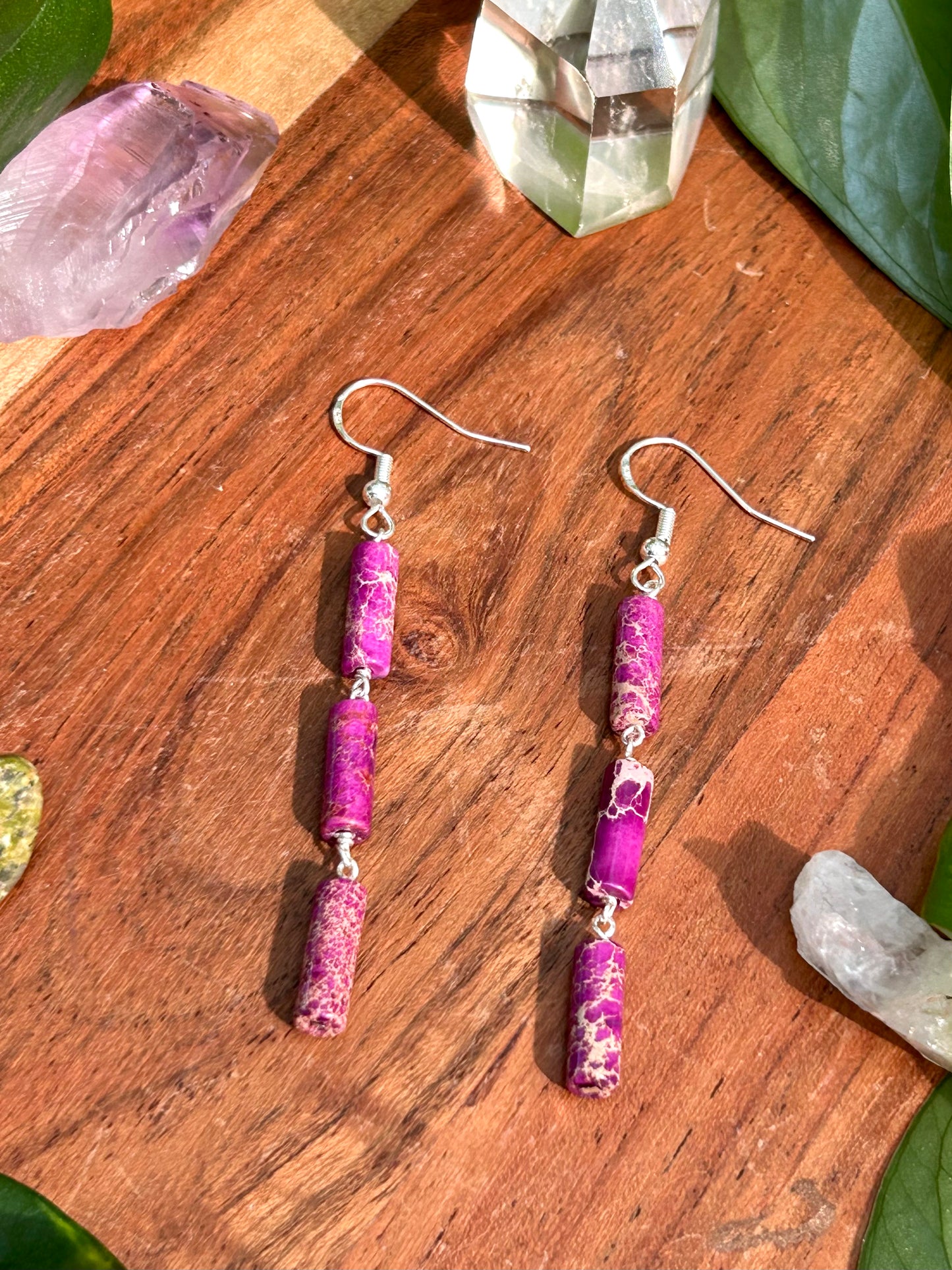 Pink “Sea Sediment Jasper” Gemstone Tube Sterling Silver Dangly Earrings